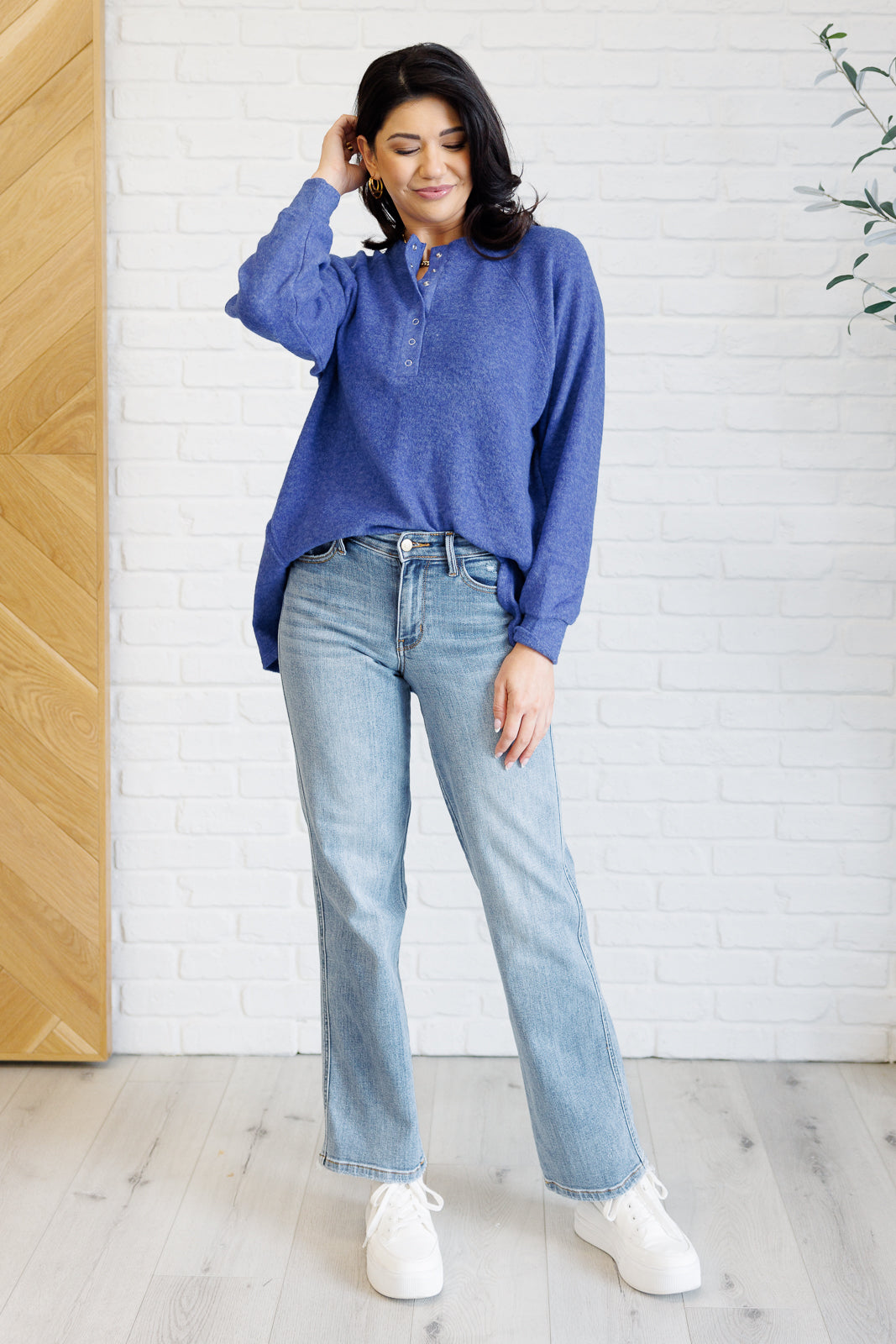 Keeping it Real Brushed Melange Hacci Long Sleeve Tee - Soft Casual Women's Top in Bright Blue | Perfect for Everyday Wear, Layering & Fall Outfits