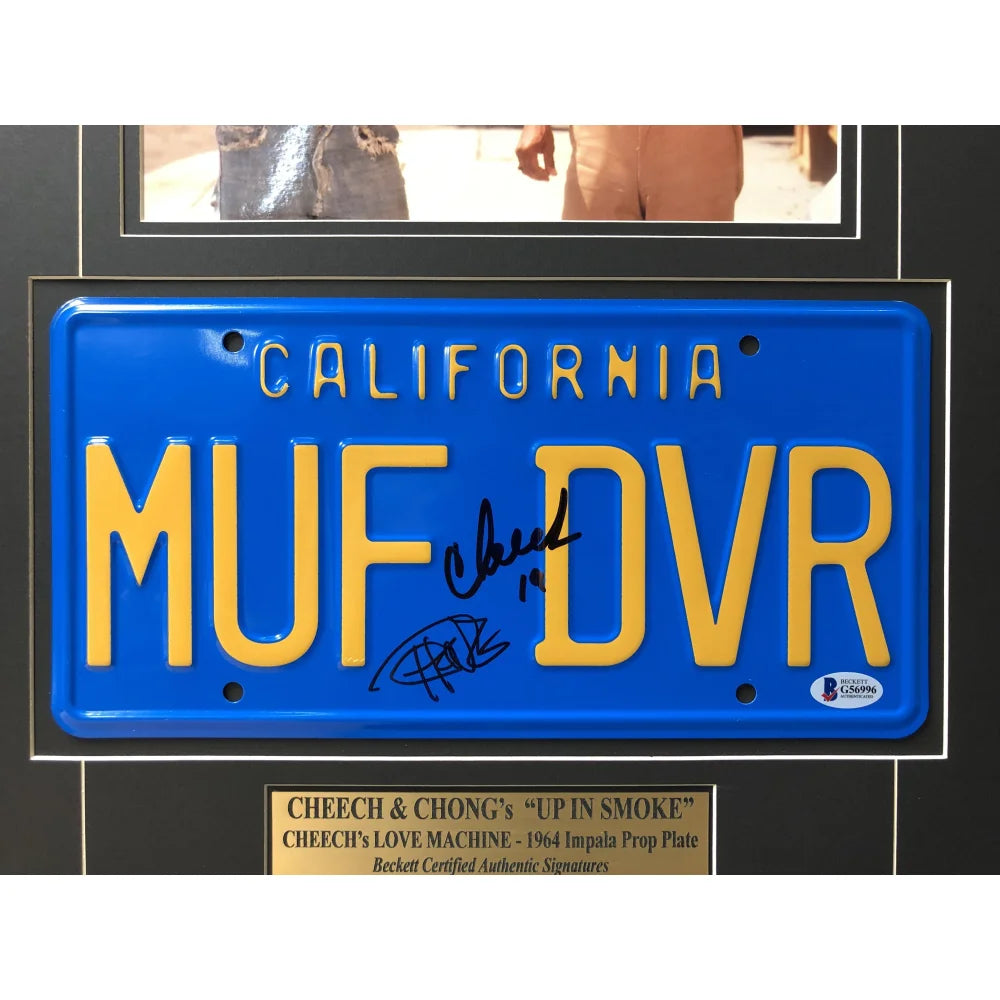 Cheech & Chong Signed 'Up in Smoke' Movie Car License Plate Framed Collage - Authentic Memorabilia for BAS Auto & Movie Fans | Perfect for Man Cave, Home Theater, or Collector's Display