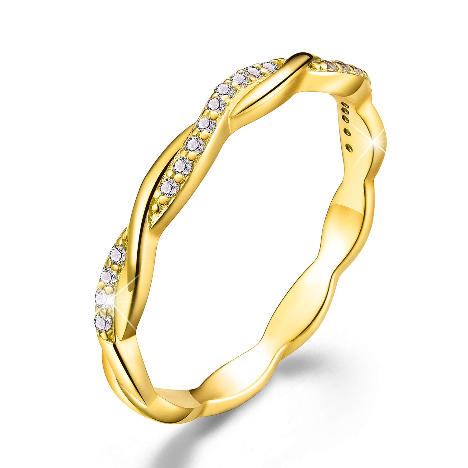 18K Gold Plated 925 Sterling Silver Twist Ring Band with Cubic Zirconia | Stackable CZ Simulated Diamond Eternity Ring | Women's Engagement & Wedding Band Jewelry Gift | Perfect for Anniversaries, Proposals and Special Occasions