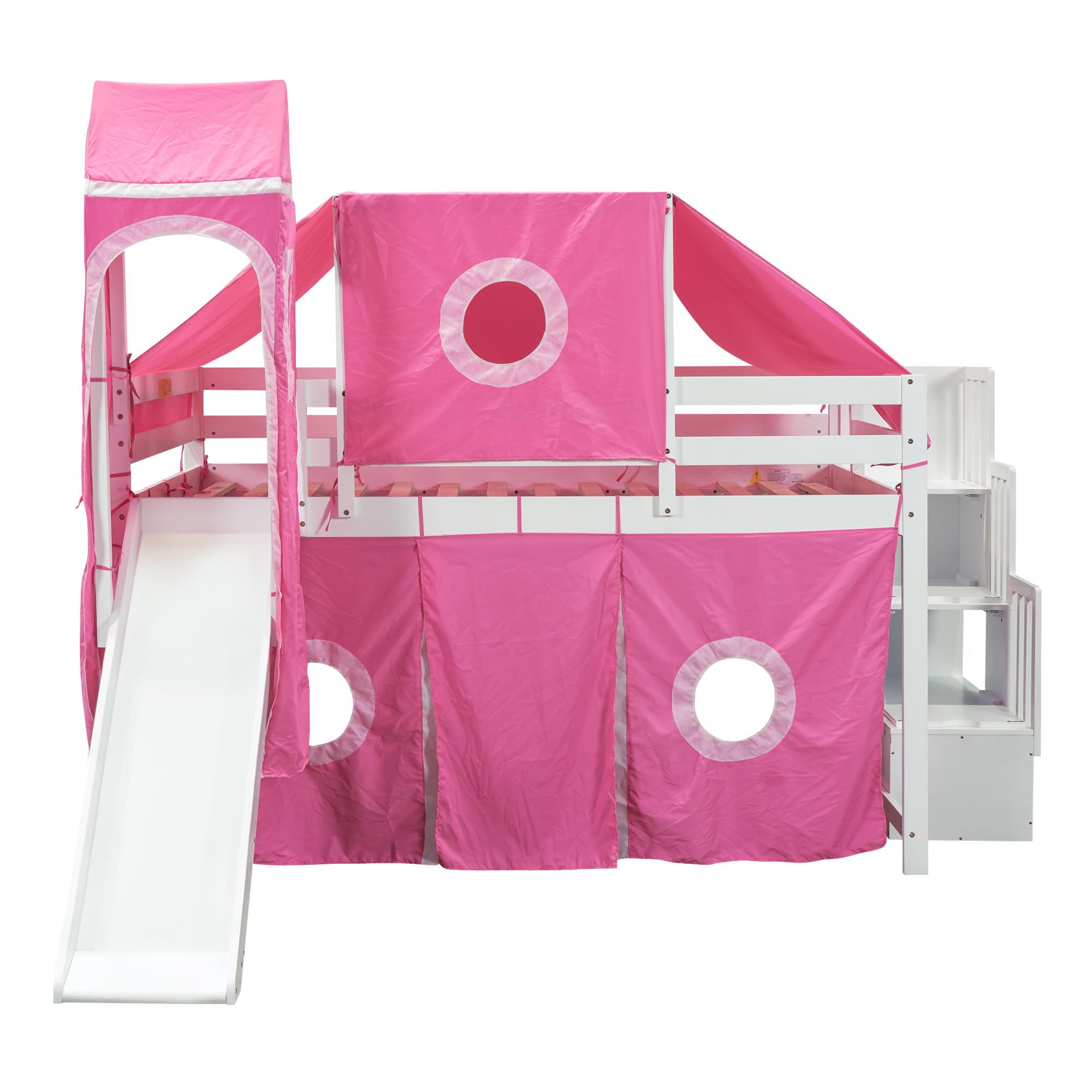 Harper & Bright Designs Full Size Wooden Loft Bed with Slide, Storage Stairs, Play Tent & Ladders - Kids Bunk Bed with Playhouse Tower for Boys & Girls (Pink) - Perfect for Small Bedrooms, Playrooms & Fun Sleepovers