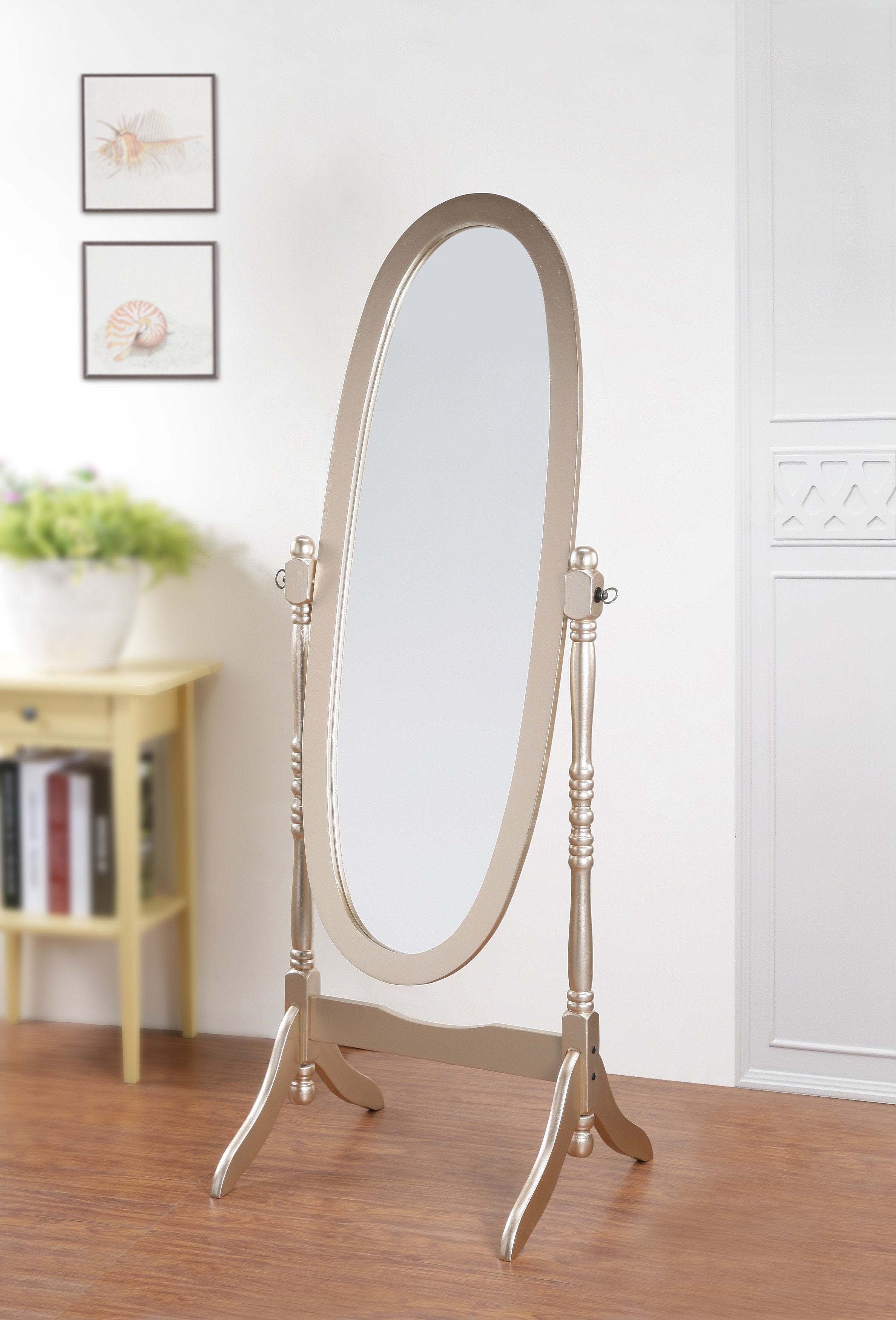 Roundhill Furniture Traditional Queen Anne Style Wood Floor Cheval Mirror with Gold Finish - Elegant Full-Length Mirror for Bedroom, Living Room, or Dressing Area