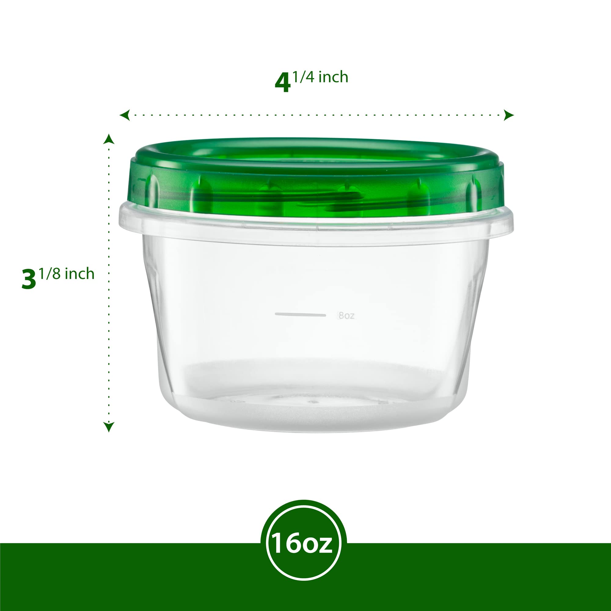 16oz (20 Pack) Clear Bottom Green Top Twist Cap Food Storage Containers with Screw-On Lids - Perfect for Meal Prep, Freezer Storage & Leftovers Organization