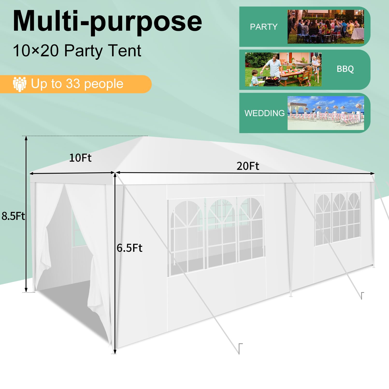 HOTEEL 10x20 FT White Waterproof Canopy Tent with Removable Sidewalls - UV Protection Outdoor Party Tent for Wedding, BBQ, Camping, and Events - Perfect for Backyard Gatherings, Beach Parties, and Market Stalls