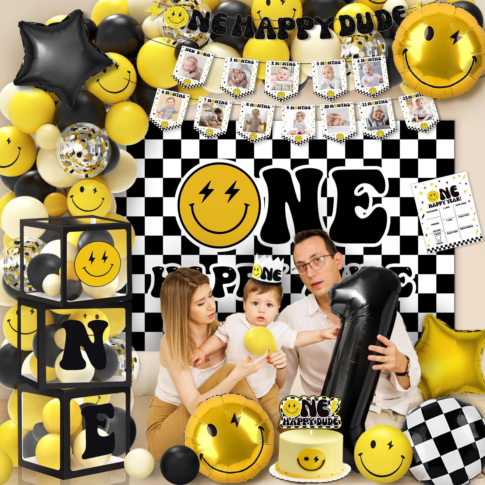 Lightning Bolt 1st Birthday Party Decorations Set - Backdrop, Balloons Arch, High Chair Banner & Gift Box | Gender Neutral Baby Boy & Girl First Birthday Theme | Perfect for Cake Smash Photos & Milestone Celebrations