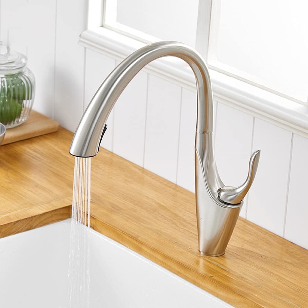 OMOONS Commercial Pull-Out Kitchen Faucet - Single Handle 360° Rotating Brass Farmhouse Sink Tap with Brushed Nickel Finish | Perfect for Bar, Restaurant & Home Kitchen Use