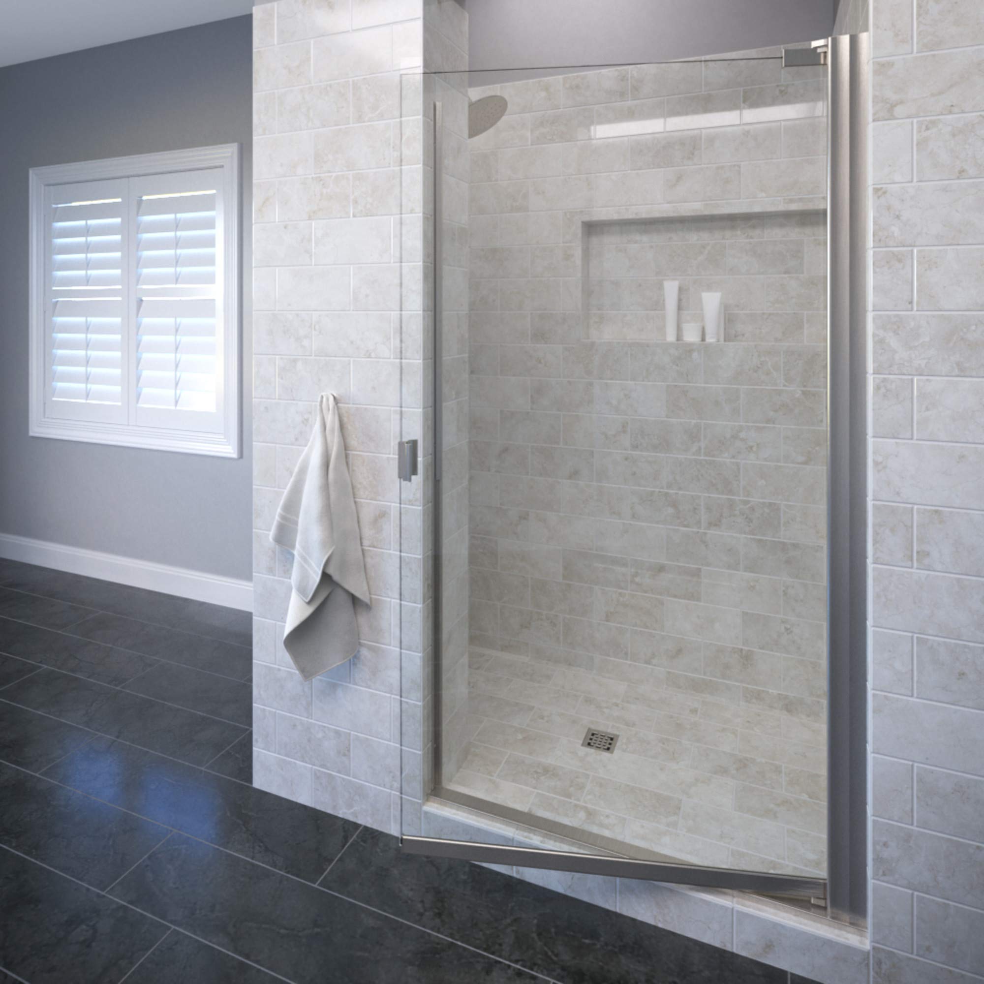 Basco Armon 31.75 to 33.25 Inch Semi-Frameless Pivot Shower Door - Clear Glass with Brushed Nickel Finish for Modern Bathrooms | Perfect for Small to Medium Bathroom Spaces