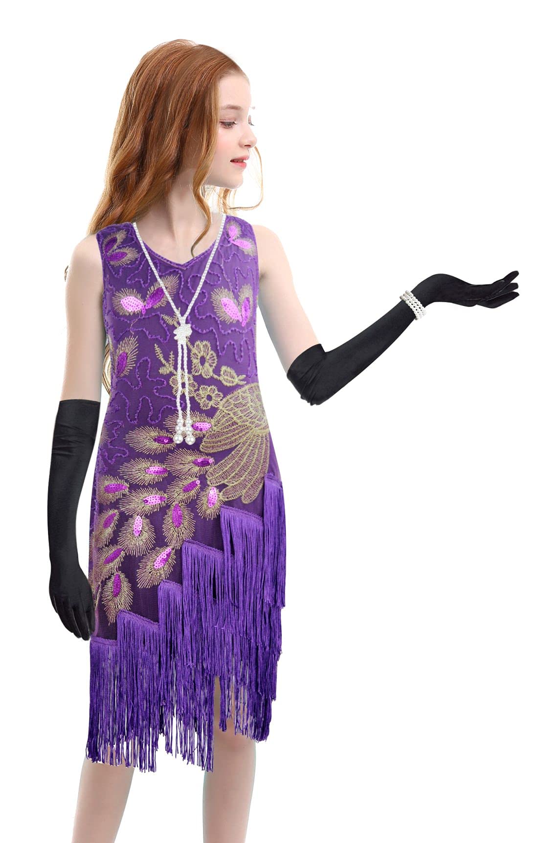 1920s Kids Sequined Fringed Chicken Feather Dress - Latin Dance Costume Set for Girls Performance, Party & Halloween (Gold/Black) | Vintage Flapper Dress for Dance Competition, Stage Show & Themed Events