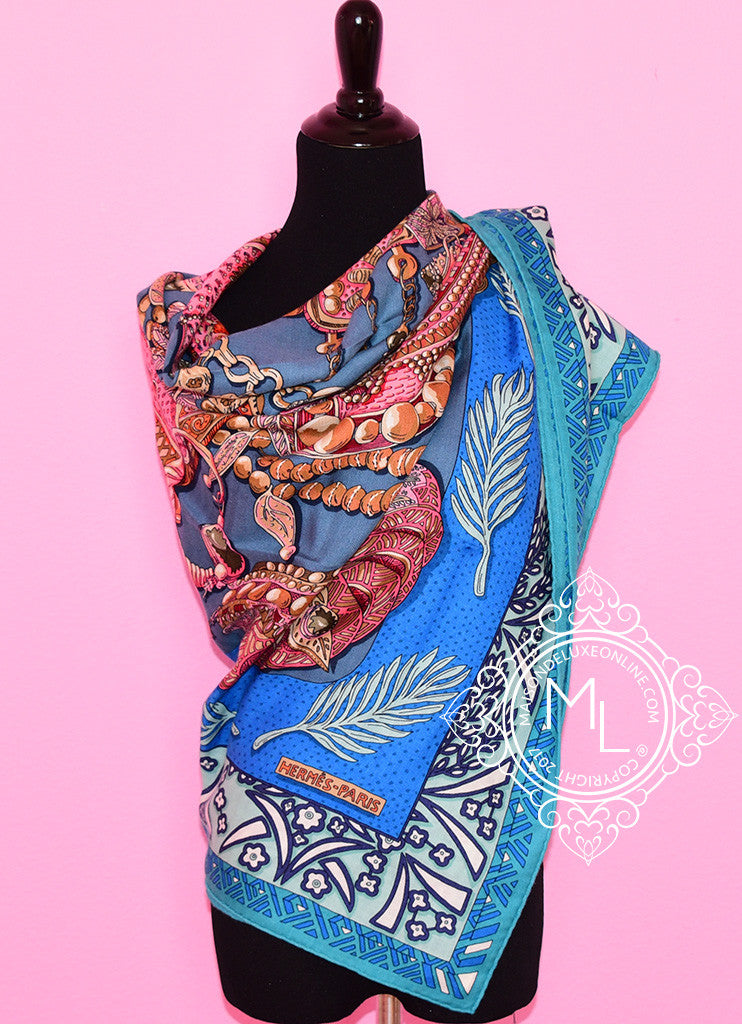 Hermes Zenobie Reine de Palmyre Blue Cashmere 140 GM Shawl Scarf - Luxurious Women's Fashion Accessory for Elegant Outfits & Special Occasions
