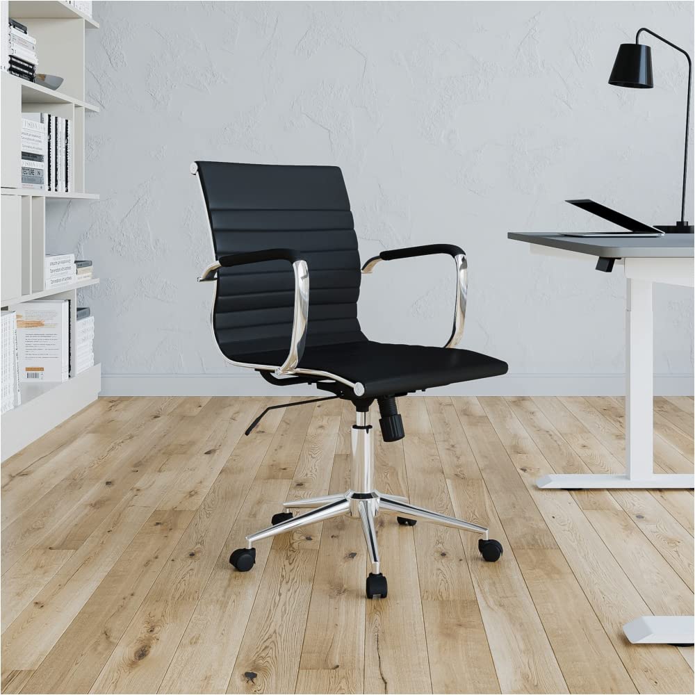 Modern Medium Back Executive Office Chair - Black PU Leather Ergonomic Desk Chair for Home & Office, Comfortable Swivel Task Chair with Adjustable Height - Perfect for Work, Study & Gaming