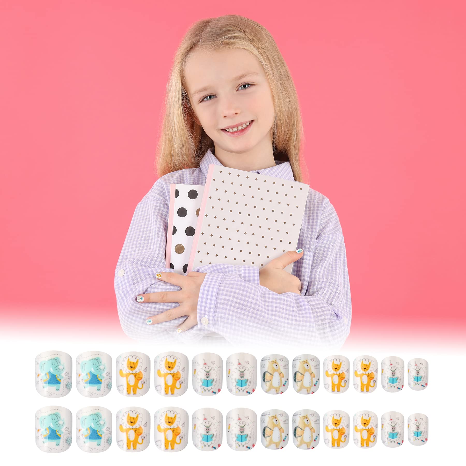 24 Pcs Animal-Themed Pre-Glued Fake Nails for Kids - Short Square Press-On Nails with Elephant, Lion, Sheep & Bear Designs - Fun Nail Art Decorations for Girls Birthday Parties, Playdates & Dress-Up