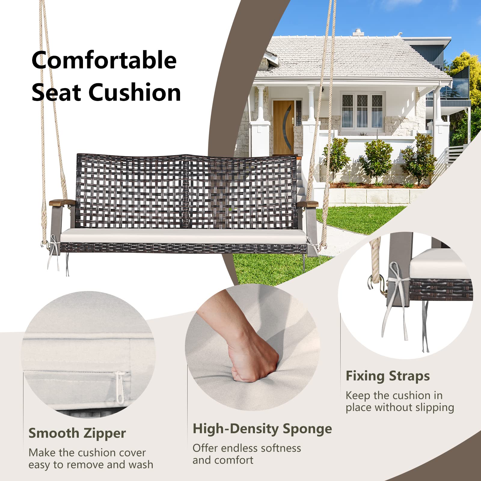 Tangkula 2-Person PE Wicker Porch Swing Bench - Outdoor Hanging Chair with Soft Cushion & Heavy-Duty Chains (118
