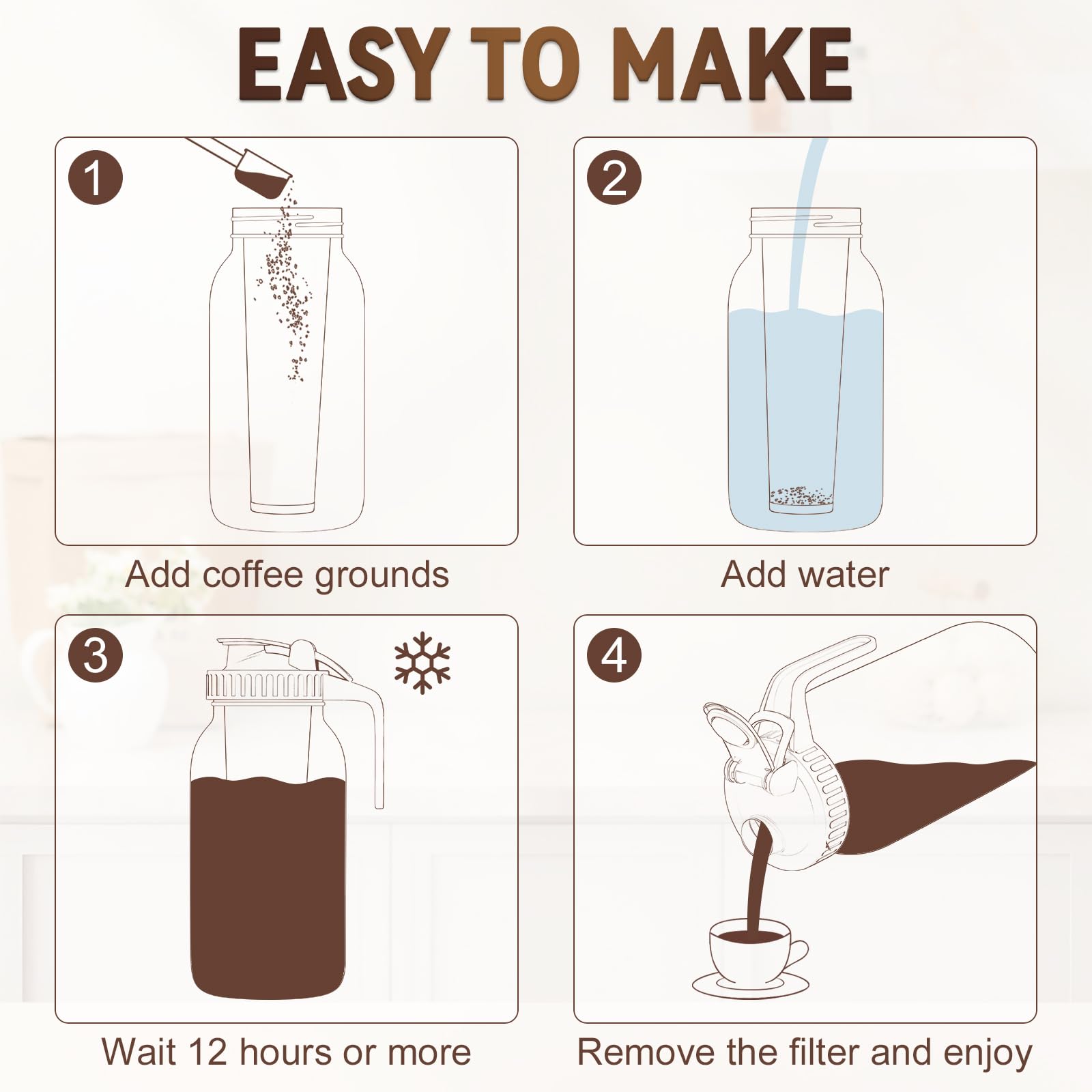 Stainless Steel Cold Brew Coffee Maker 64oz - Leakproof & Easy Clean for Home & Office