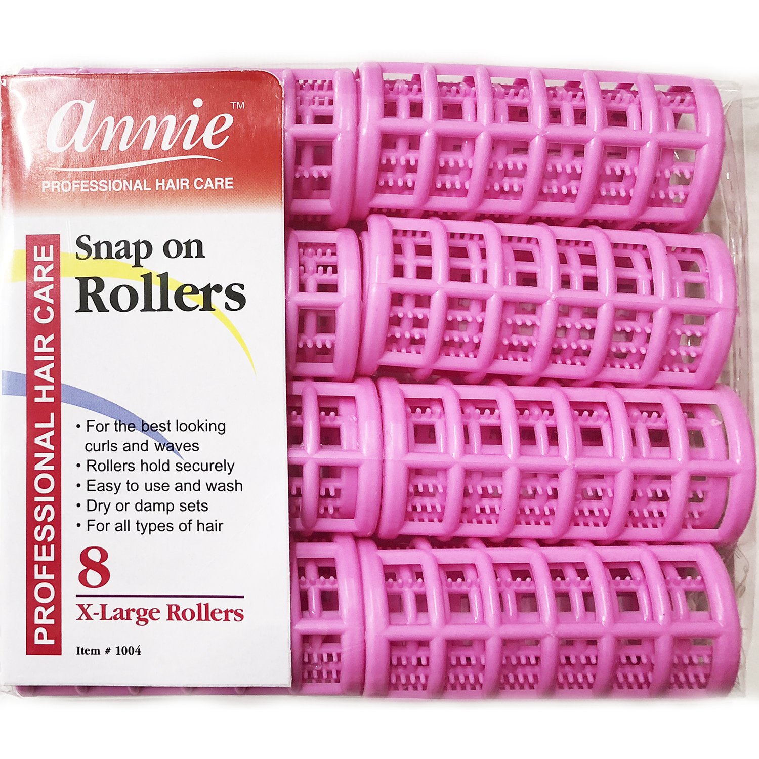 Annie Snap on Rollers #1004 - 8 Count Pink X-Large 1-1/8 Inch Hair Rollers (5 Pack) for Salon-Quality Curls at Home