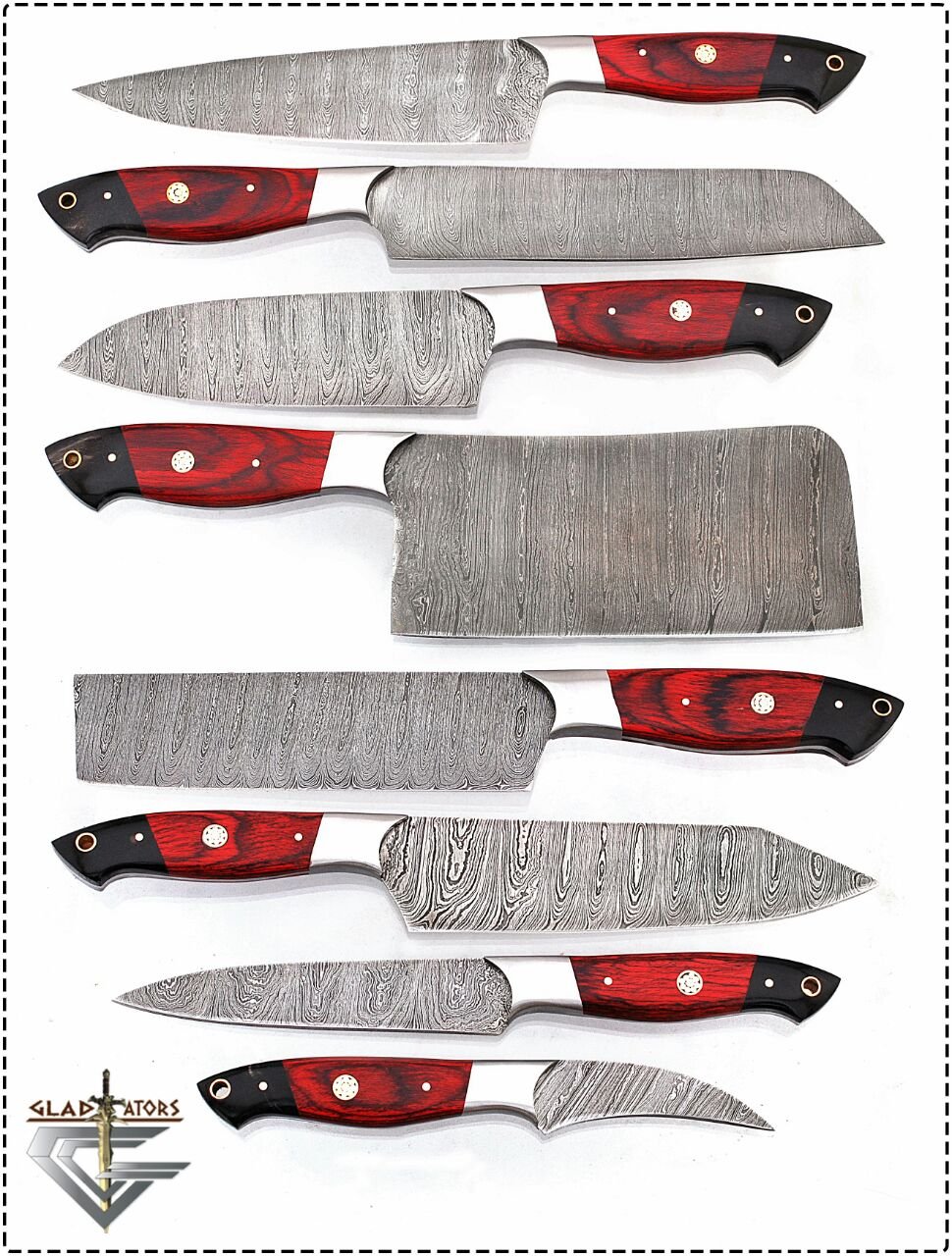 Premium Damascus Steel Professional Chef Knife Set - 8-Piece Kitchen Knives with Chopper & Cleaver, Black Horn Handle, G16Red by GladiatorsGuild - Ideal for Home Chefs, Culinary Enthusiasts & Professional Kitchens