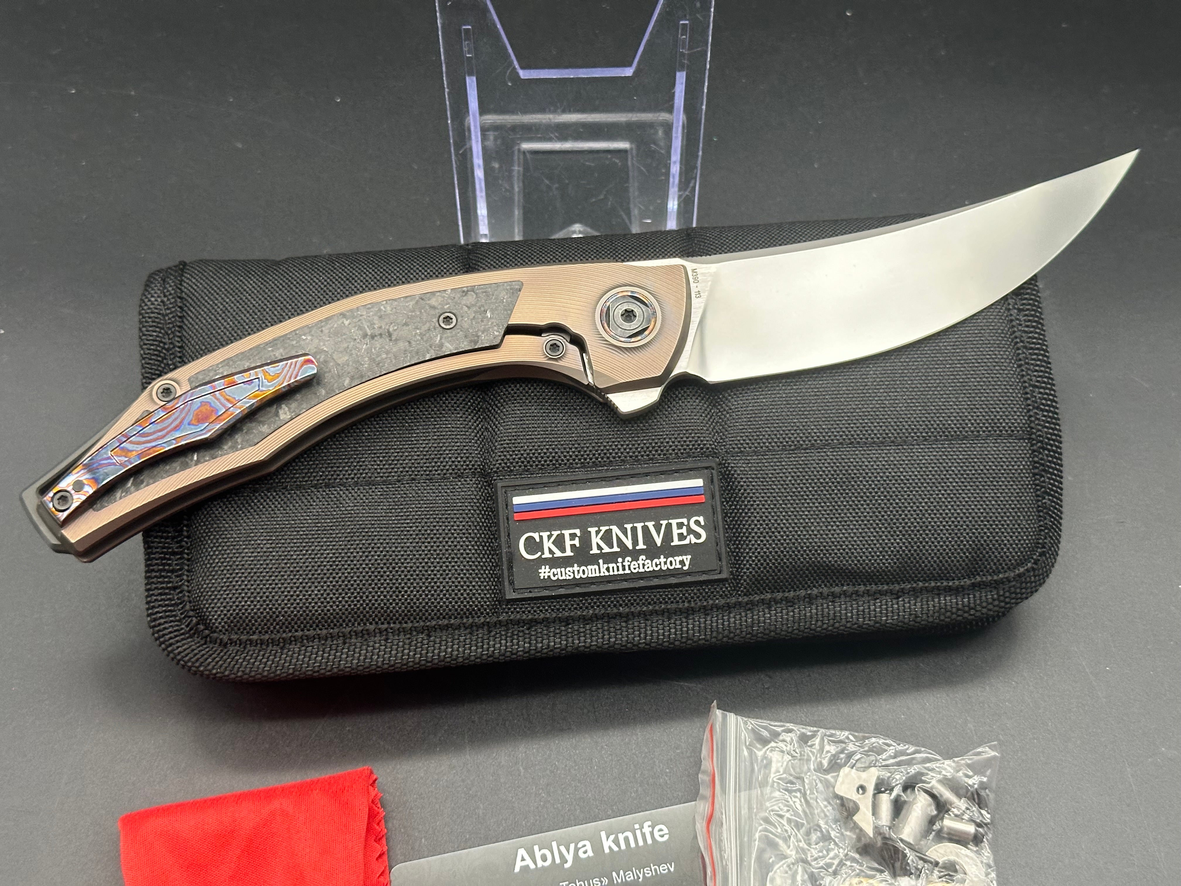 CKF Custom Knife Factory Ablya Folding Knife - Bronze Titanium, Carbon Fiber & Zircuti Handle with M390 Steel Blade - EDC, Outdoor, Camping, Survival Gear