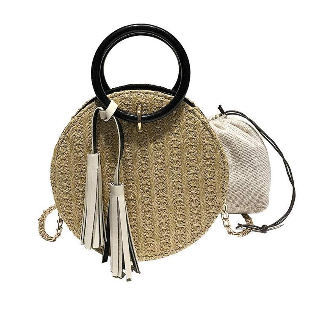 Women's Woven Straw Handbag - Natural Round Beach Tote Shoulder Bag for Summer | Chic Boho Purse for Vacation, Pool Party & Outdoor Activities (Yellow)