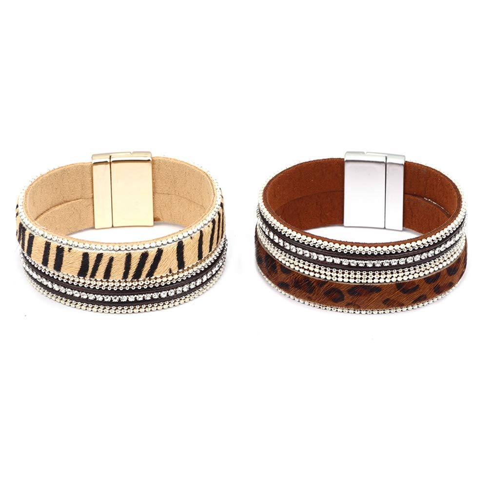 INMOFN Women's Fashion Leather Wrap Cuff Bangle Bracelet - Leopard Print Wide Wristband with Magnetic Clasp for Casual & Party Wear