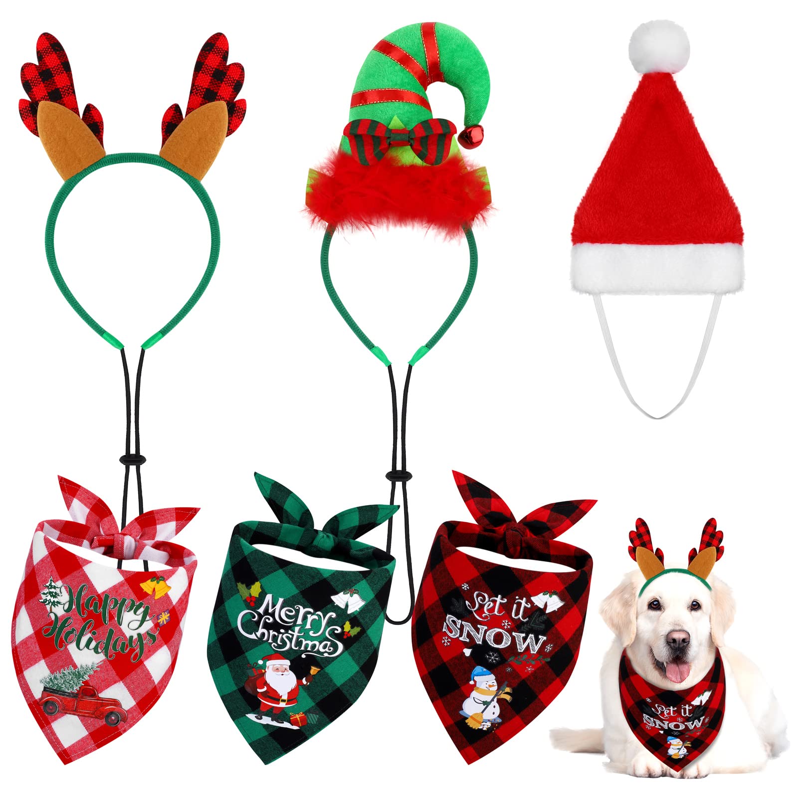 Christmas Pet Costume Set - Buffalo Plaid Scarf, Reindeer Antlers & Santa Hat for Dogs - Holiday Pet Decor & Photo Props