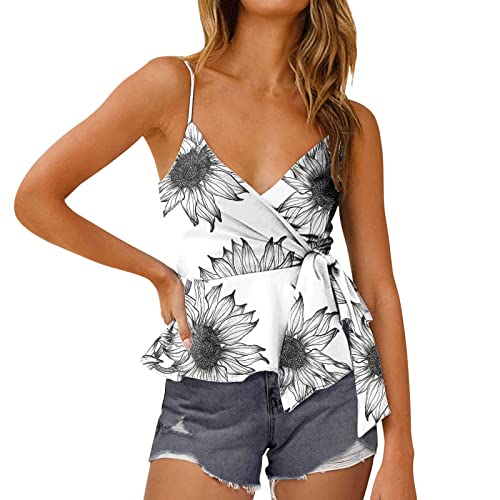 Women's Summer V-Neck Spaghetti Strap Sleeveless Camisole - Sunflower Printed Ruffle Tie Tank Top (White, XXL) | Beachwear, Casual Outfits & Summer Fashion