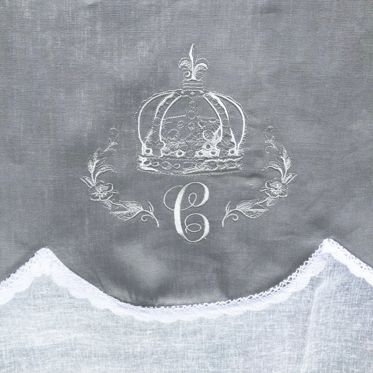 64 Inch Grey Linen Scalloped Door Panel with Crown Monogram - Elegant Home Decor for Bedroom, Living Room & Entryway