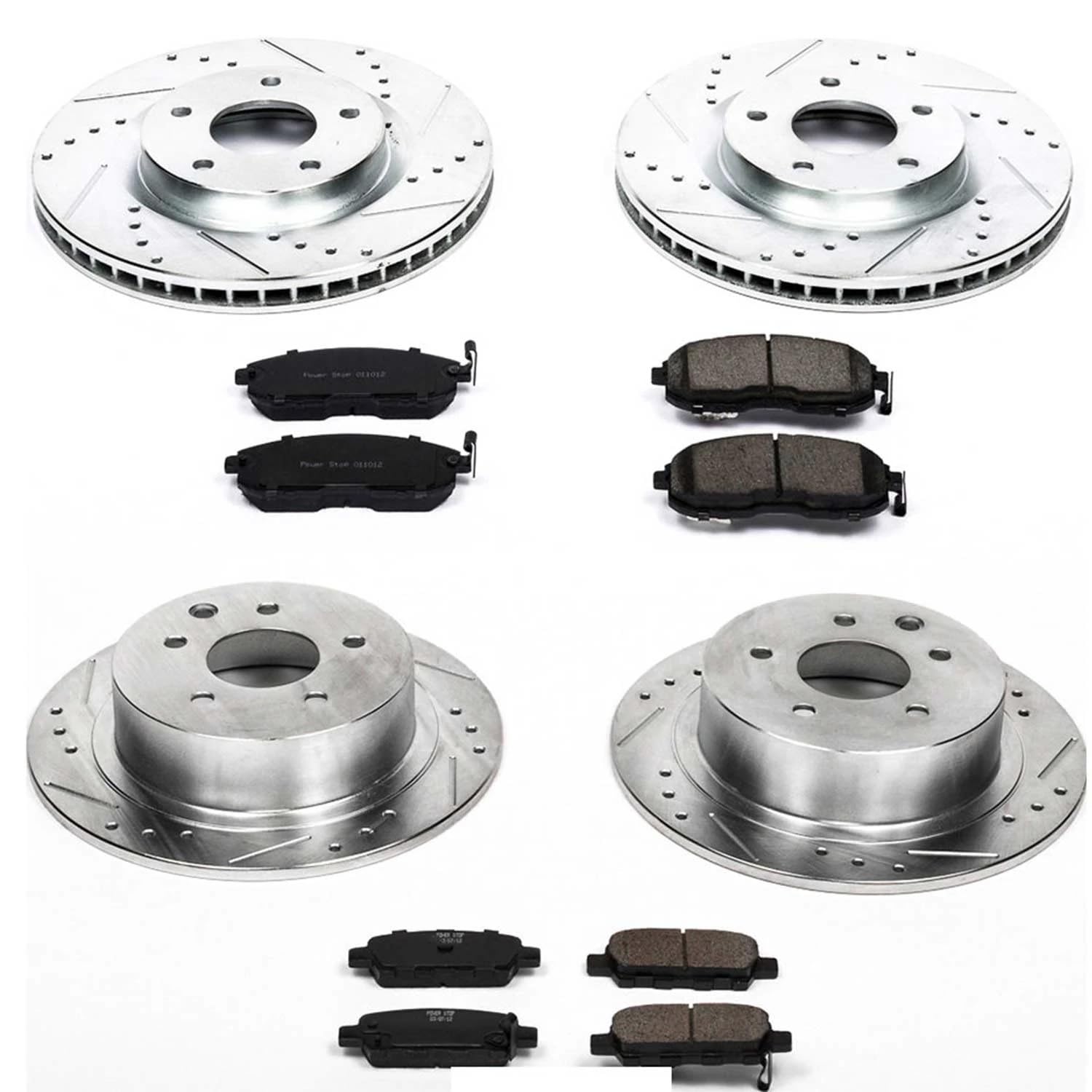 Power Stop K4475 Z23 Carbon Fiber Brake Pads & Drilled/Slotted Rotors Kit - Front & Rear Brake Upgrade for 2007-2012 Nissan Sentra | High-Performance Stopping Power for City Driving & Highway Safety