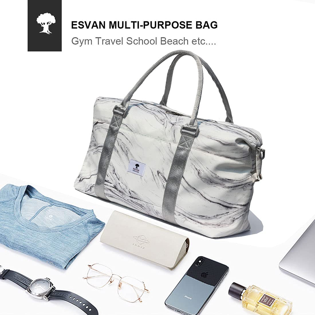 ESVAN Waterproof Travel Tote Duffel Bag - Gym, Weekender & Overnight Carry-On with Wet Pocket & Trolley Sleeve - Perfect for Workout, Business Trips & Weekend Getaways