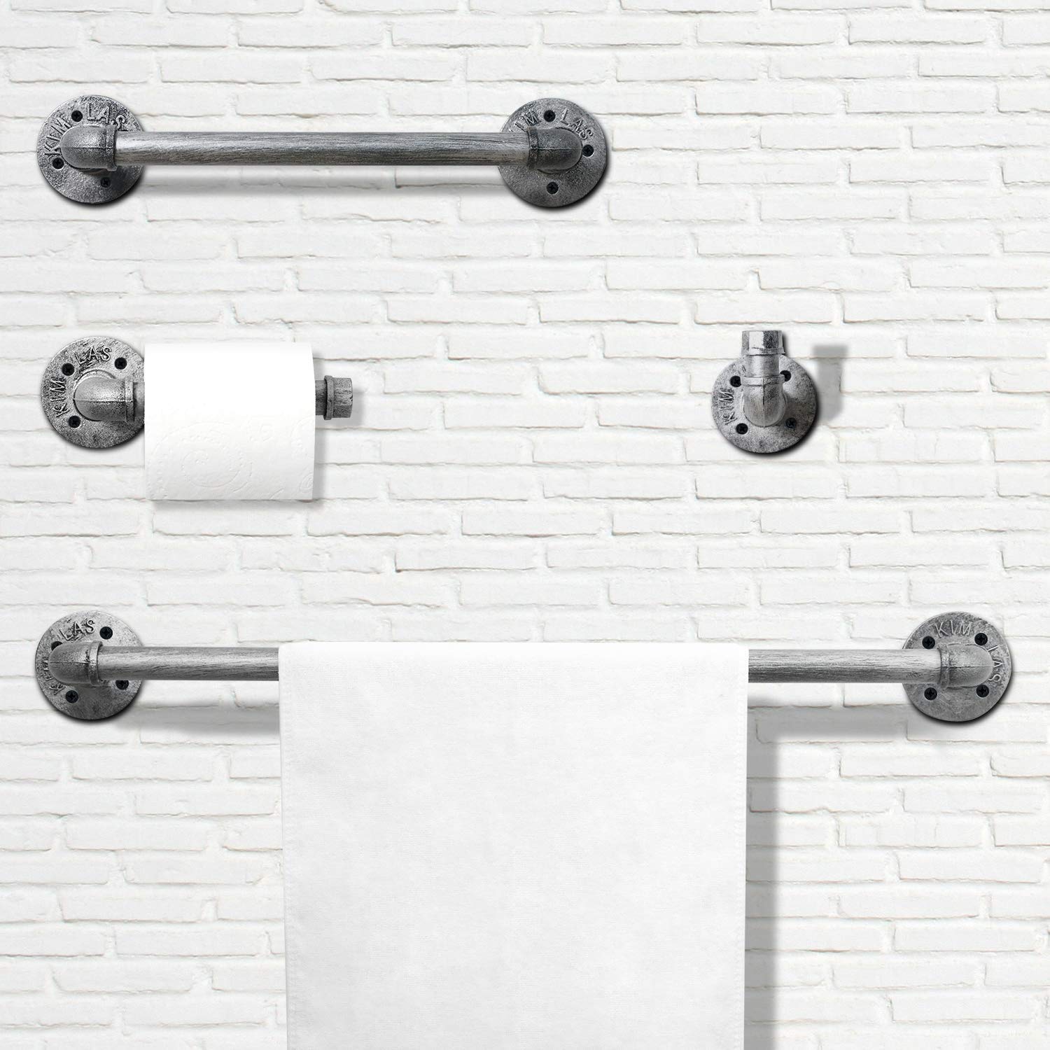 HouseAid 4-Piece Industrial Pipe Towel Holder Set - Rustic Steel Bathroom Towel Rack Kit with Wall Mount, Farmhouse Vintage Style Towel Bar Accessories in Antique Silver - Perfect for Bathroom, Laundry Room, and Kitchen Organization