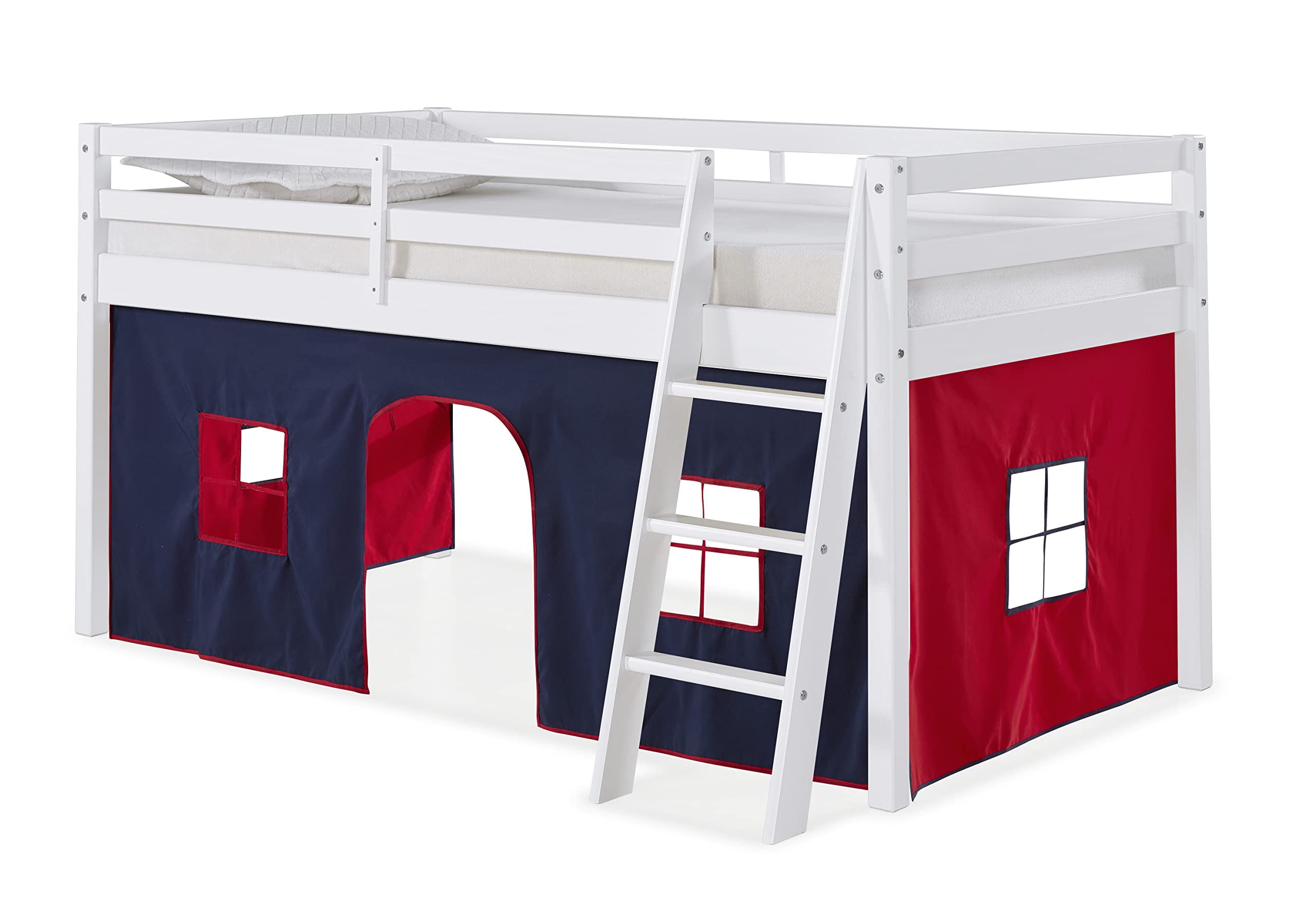 Roxy Twin Wood Junior Loft Bed for Kids with Removable Blue/Red Tent - Sturdy & Safe Bunk Bed with 175 lbs Weight Capacity | Space-Saving Kids Bedroom Furniture for Small Rooms, Sleepovers & Play Areas