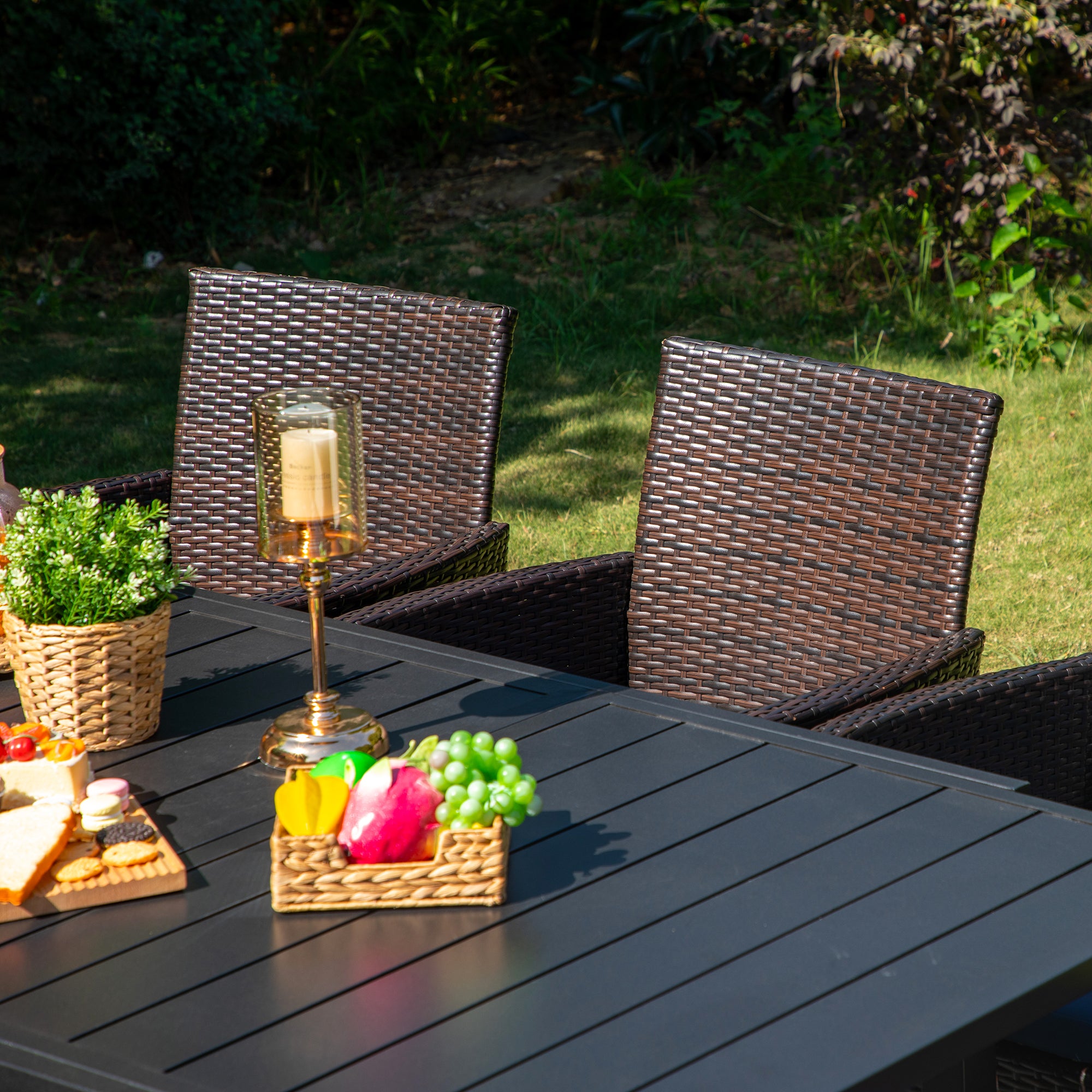 PHI VILLA 4-Piece Rattan Wicker Dining Set with Cushioned Chairs & Extendable Table - Outdoor Patio Furniture for Garden, Poolside, and Backyard Dining