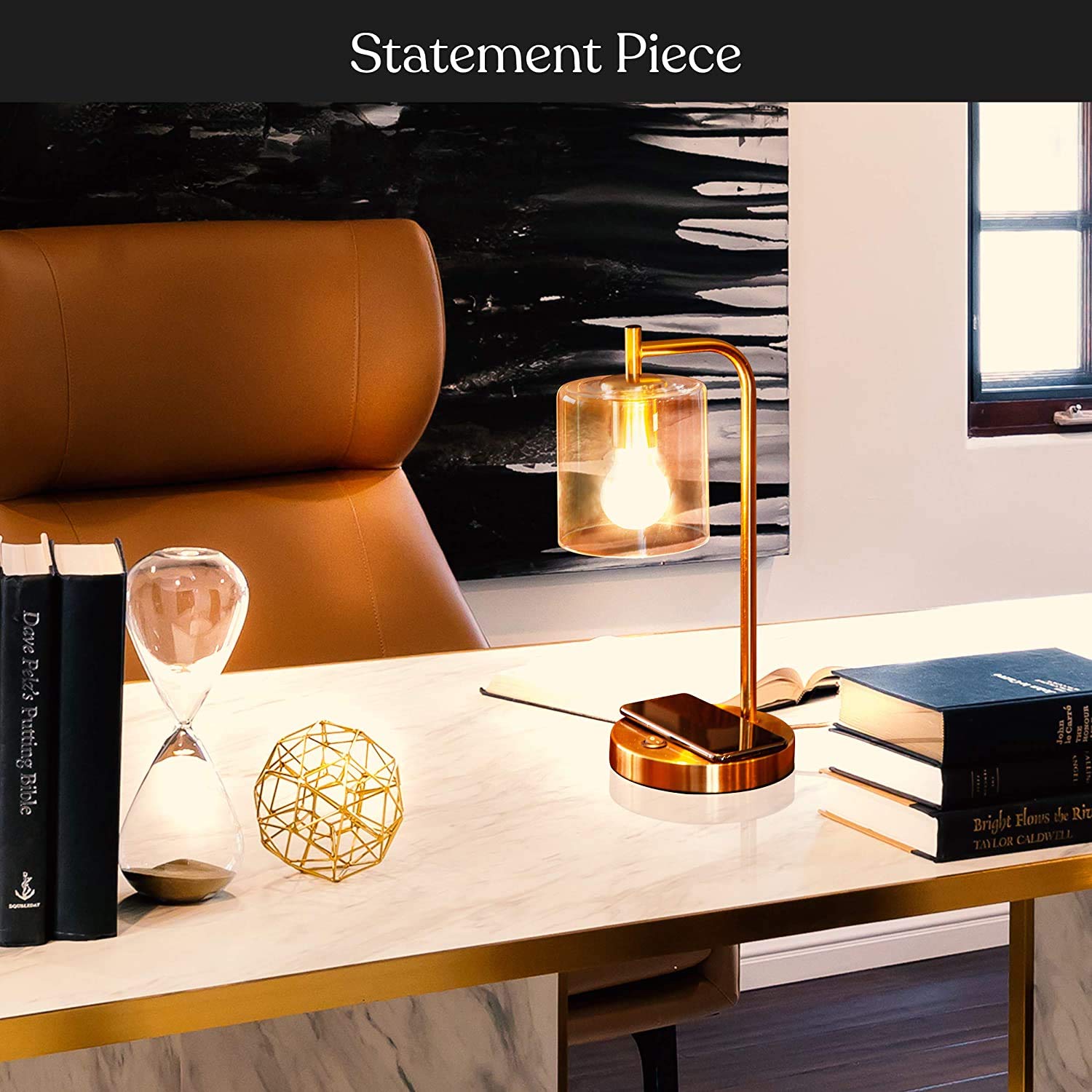 Brightech Elizabeth Wireless Charging Table Lamp with USB Port - Vintage Brass Gold LED Desk Lamp for Bedroom, Living Room & Office - Perfect Nightstand Reading Lamp & Bedside Lighting with Smartphone Charging Station