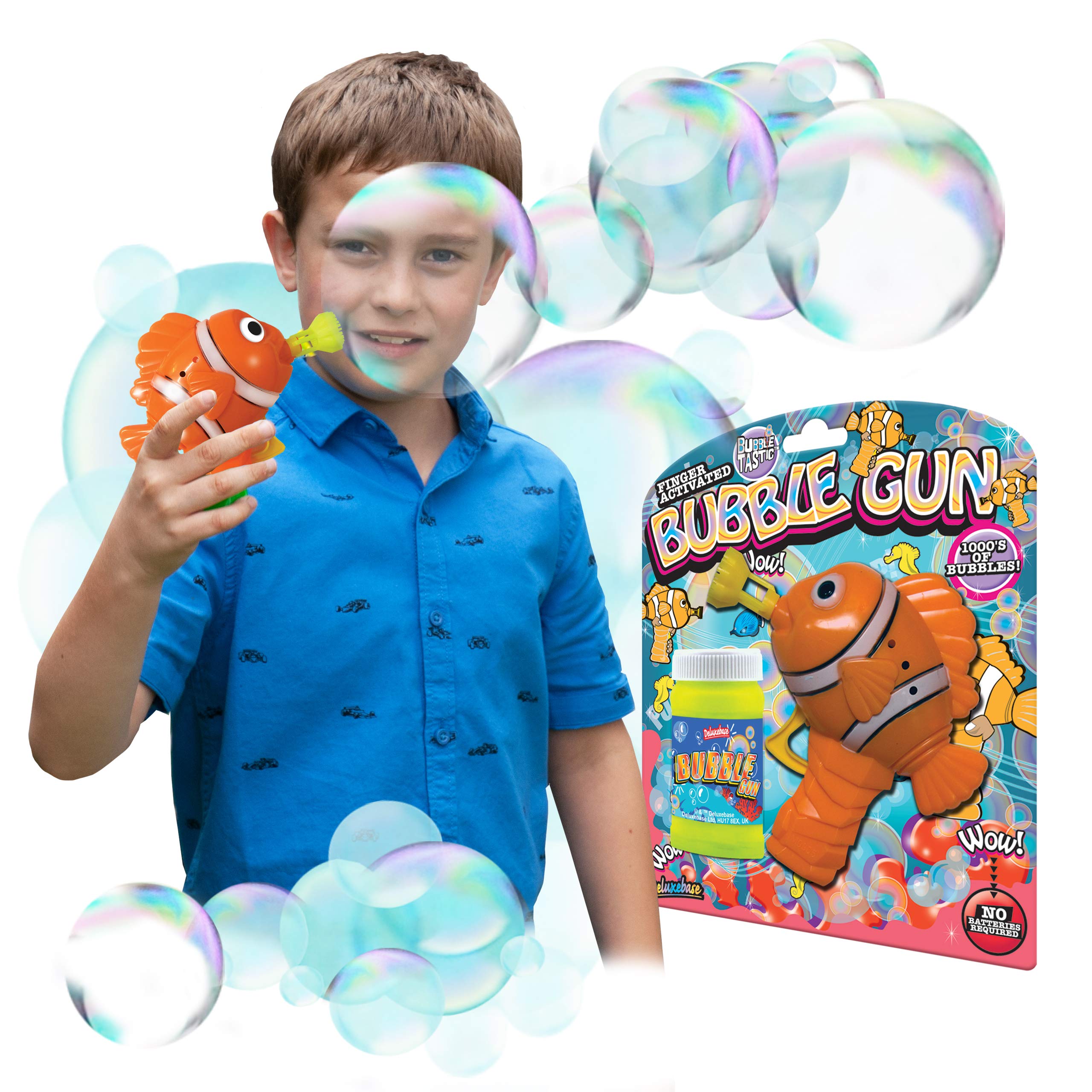 Deluxebase Dino Bubble Gun - Clown Fish Bubble Blower Toy with Bubble Solution, Friction Powered for Kids Outdoor Play, Birthday Party Favors & Educational STEM Activities (Great for Backyard Fun, Summer Parties & Sensory Play)