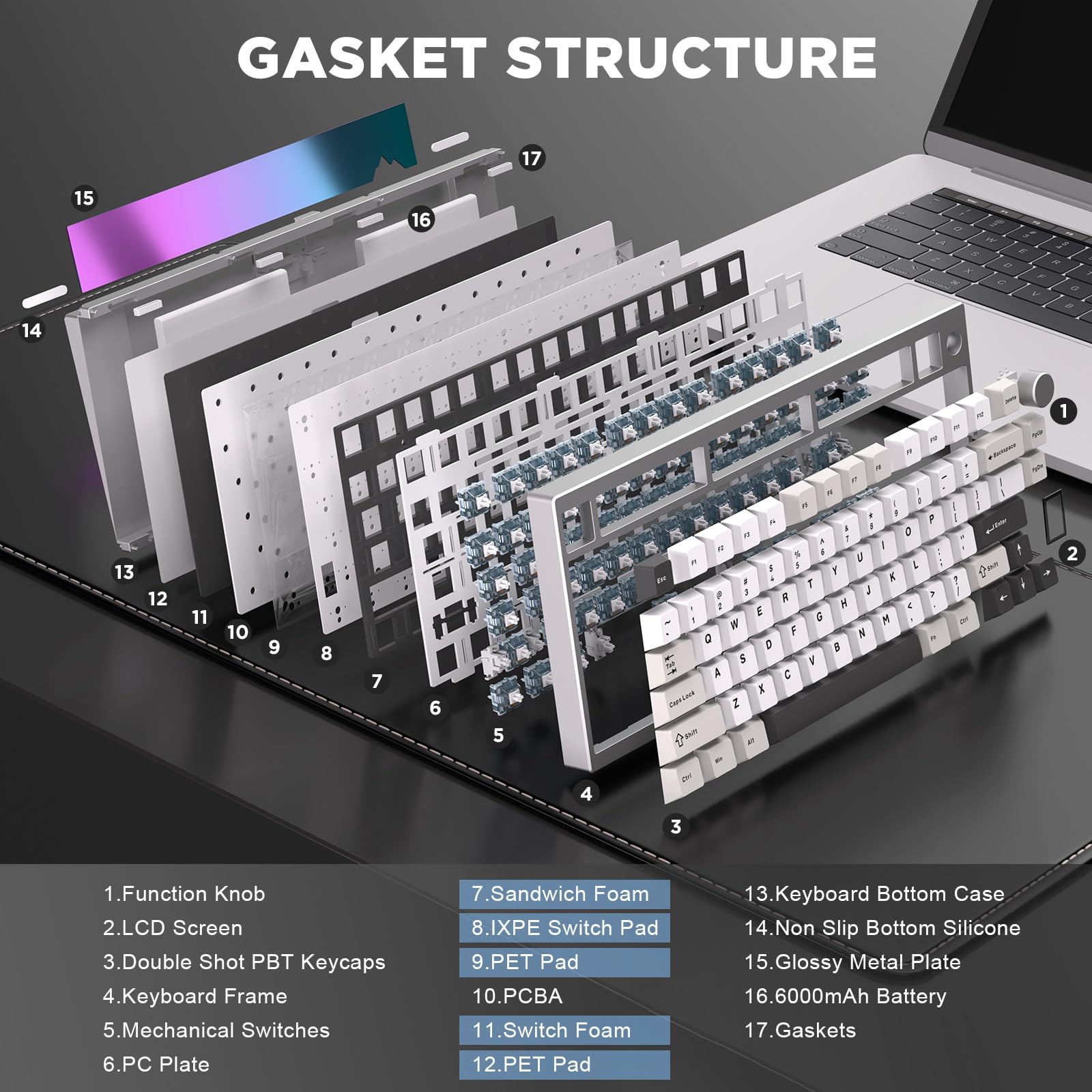 YUNZII AL80 Wireless Mechanical Keyboard - Full Aluminum CNC, Smart LCD Display, Hot Swappable Gasket Mount 75% Layout with Knob, BT/2.4G/USC-C, QMK/VIA Support for Windows & Mac (Silver, Gateron Zero Switch) - Perfect for Gaming, Coding & Office Work