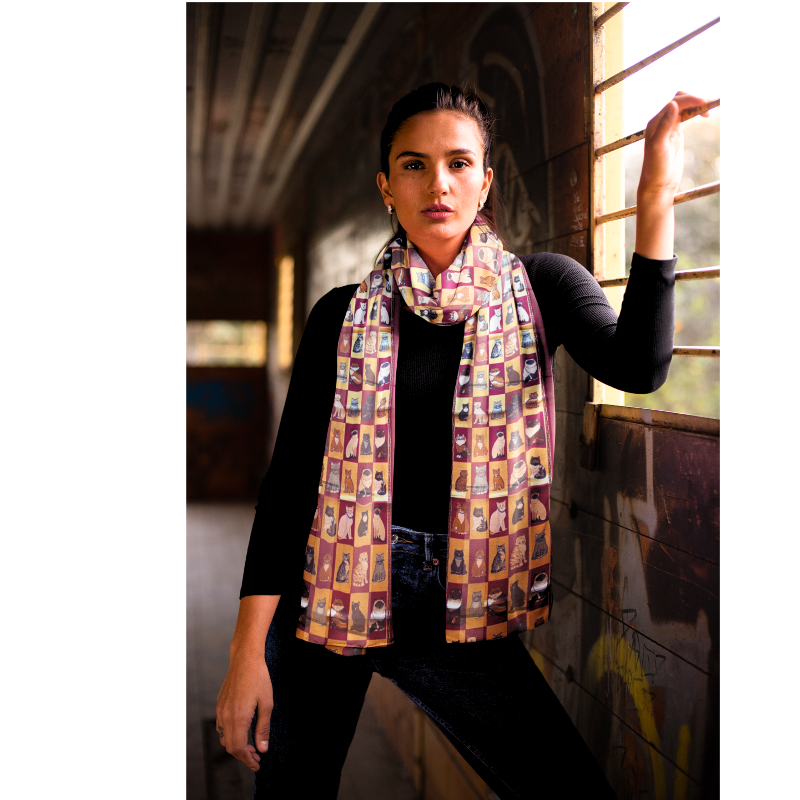 Burgundy Satin Chiffon Cat Print Scarf - Soft & Elegant Fashion Accessory for Women, Perfect for Fall Outfits, Office Wear & Special Occasions