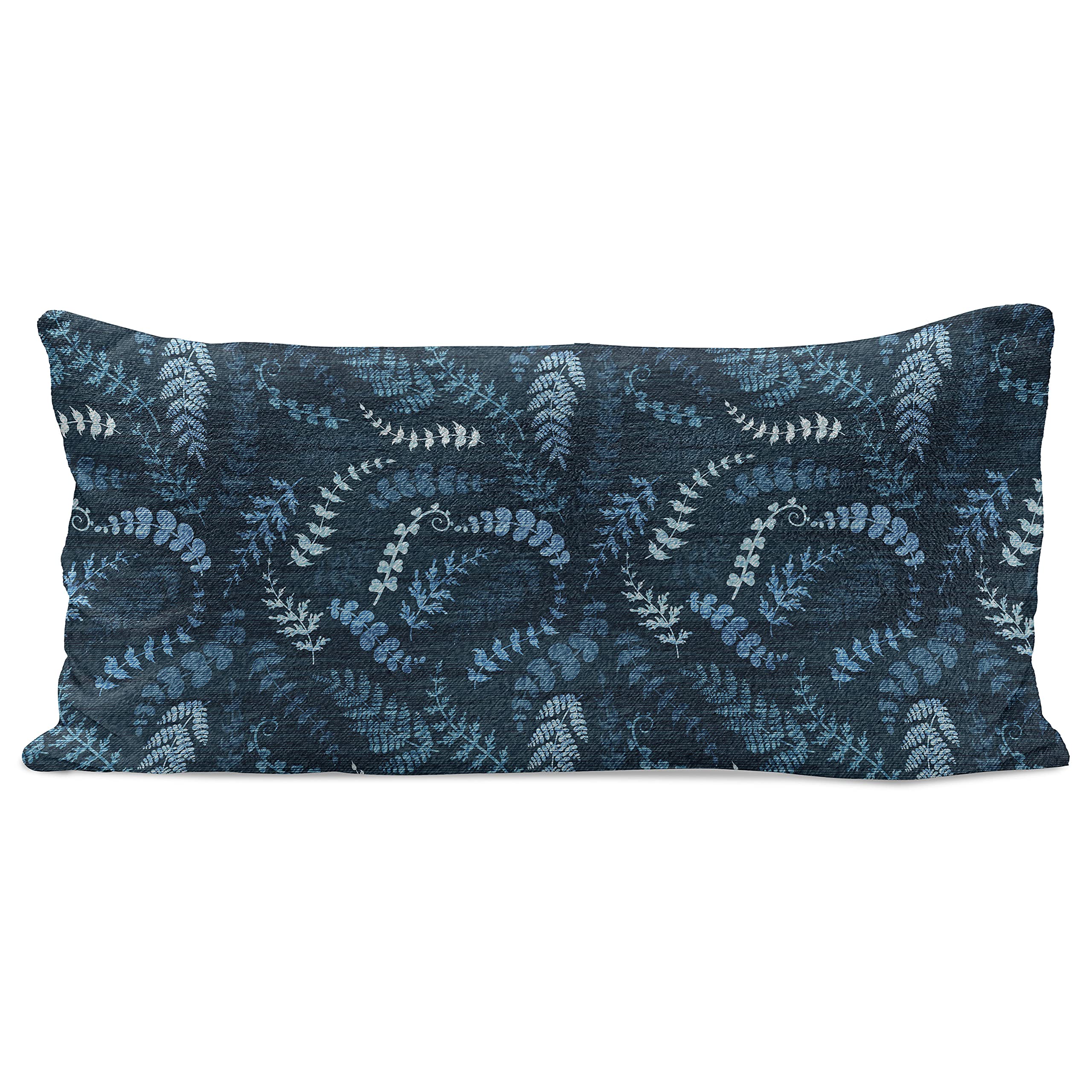 Ambesonne Indigo Fluffy Throw Pillow Cover - Dark Green Floral Swirl Leaves Design, 36x16 Inch Rectangle Cushion Case in Turquoise Blue | Bohemian Home Decor for Living Room, Bedroom & Sofa