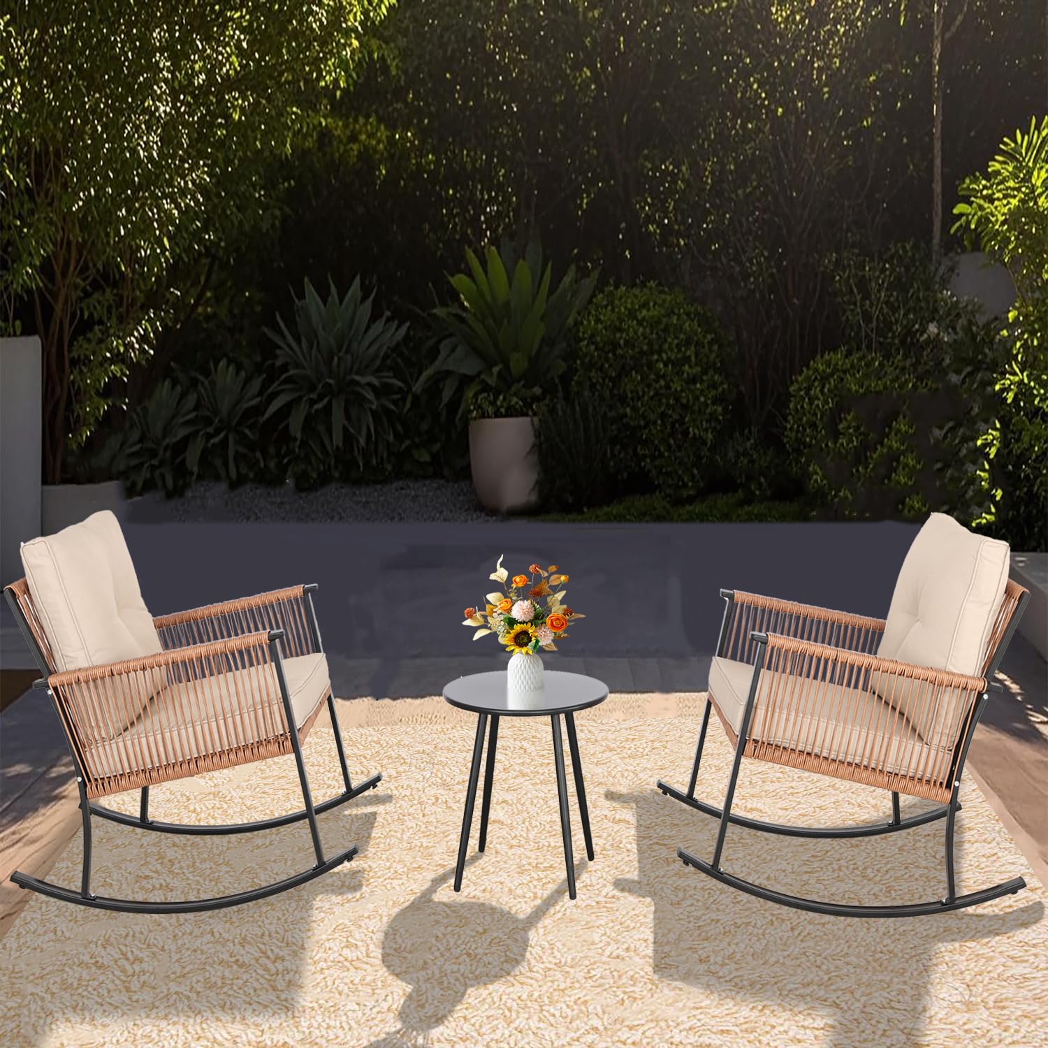3-Piece Oversized Rattan Rocking Bistro Set with Thick Cushions & Coffee Table - Outdoor Patio Furniture for Balcony, Garden, Poolside (Tan-Beige) | Perfect for Relaxing, Entertaining & Enjoying Summer Evenings