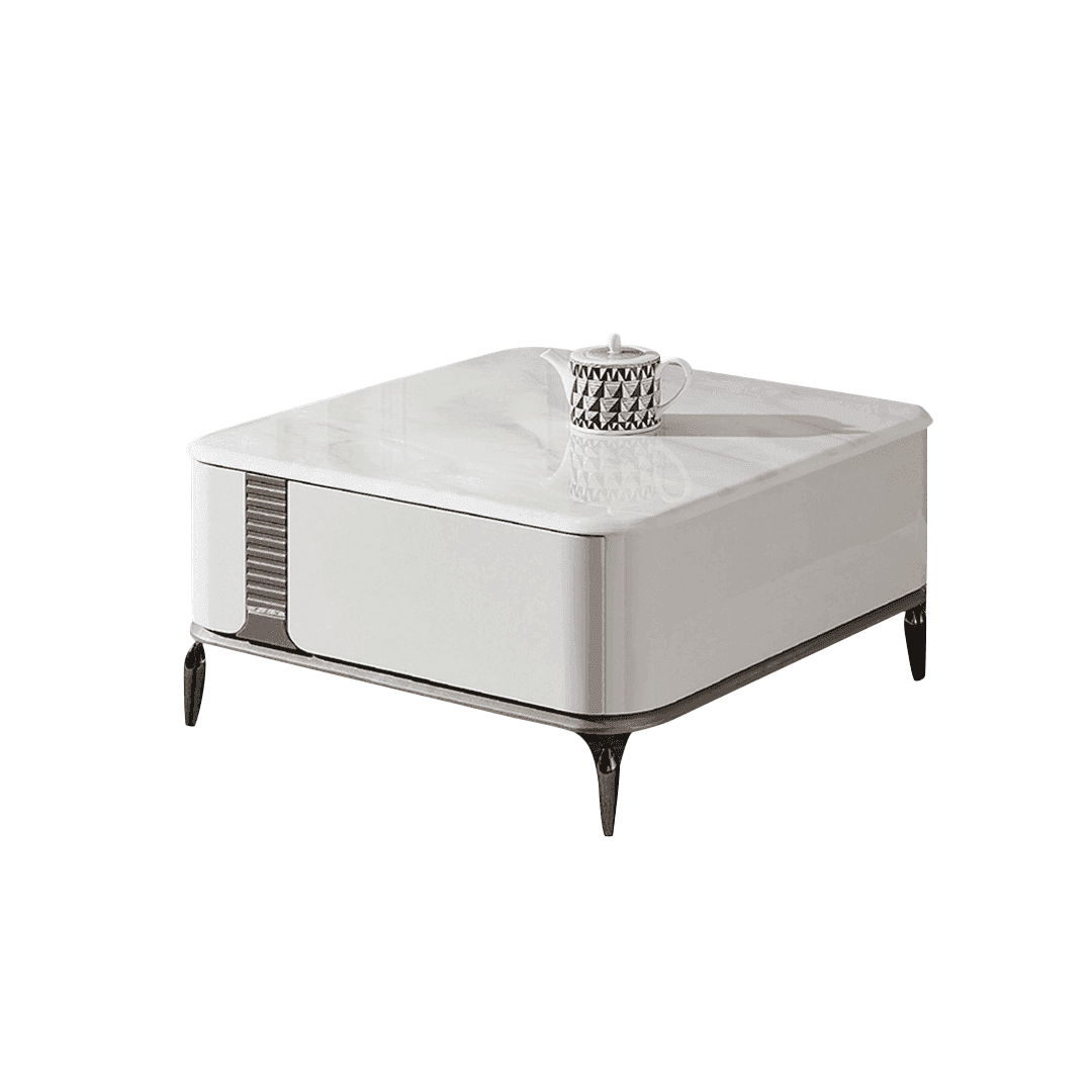 Lucille White Square Coffee Table with Cultured Marble Top - 80cm Modern Living Room Centerpiece for Home Decor