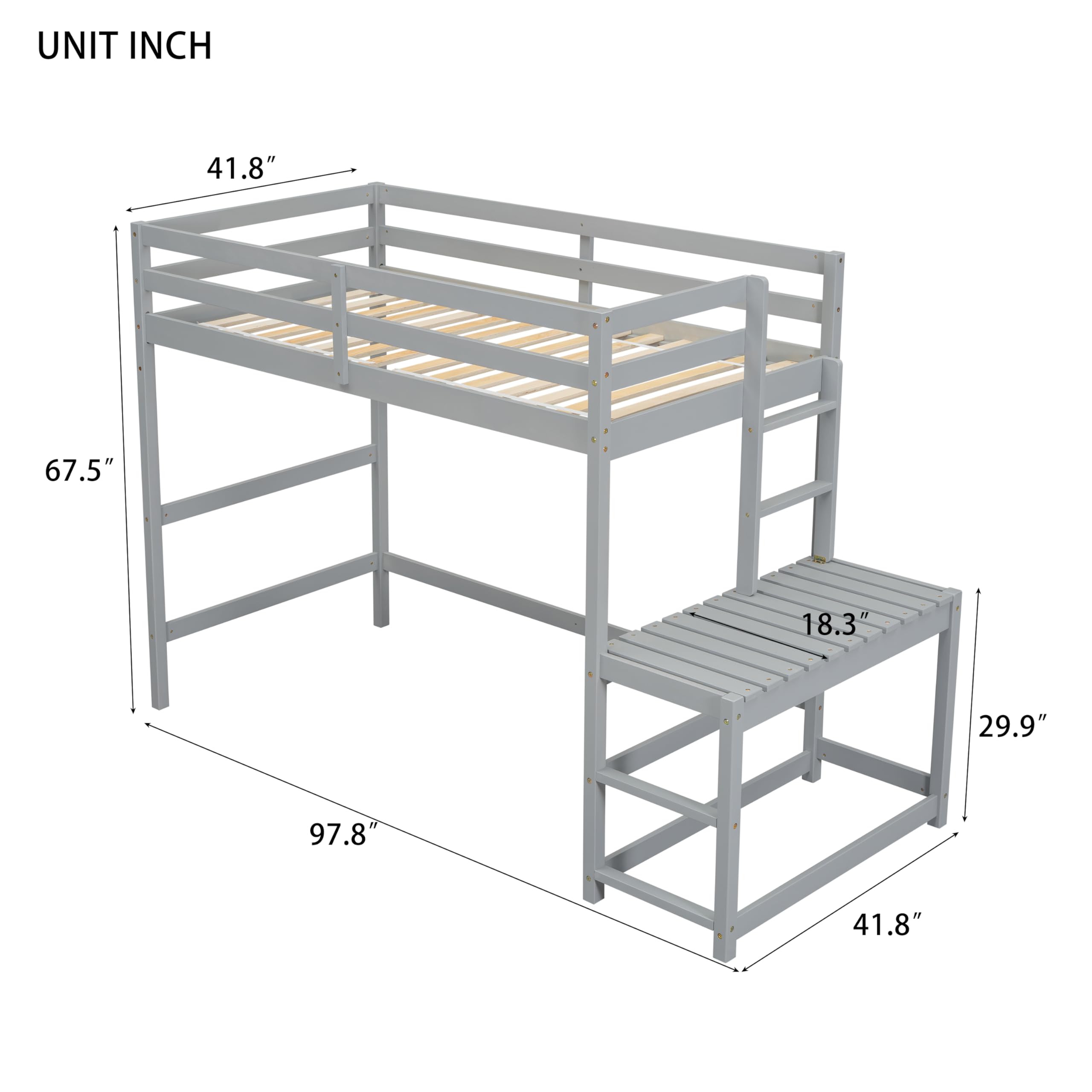 **Twin Size Wooden Loft Bed with Ladder, Guardrails & Landing Platform – Space-Saving High Loft Bed with Slats Support & Under-Bed Storage – No Box Spring Needed (Gray) – Perfect for Kids, Teens & Small Bedrooms**