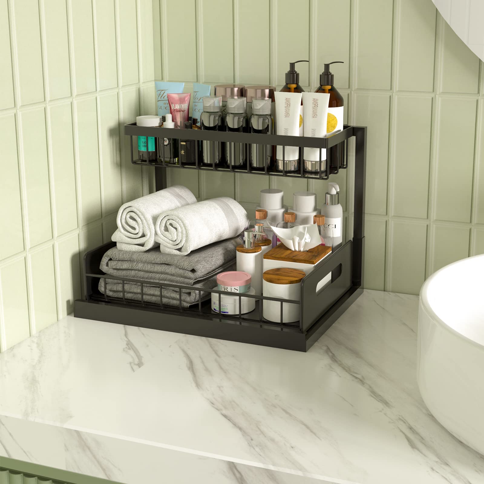 Under Sink Organizer with Sliding Drawer - 2 Tier Pull Out Cabinet Shelf for Kitchen & Bathroom Storage - Black Space Saving Solution (10.4