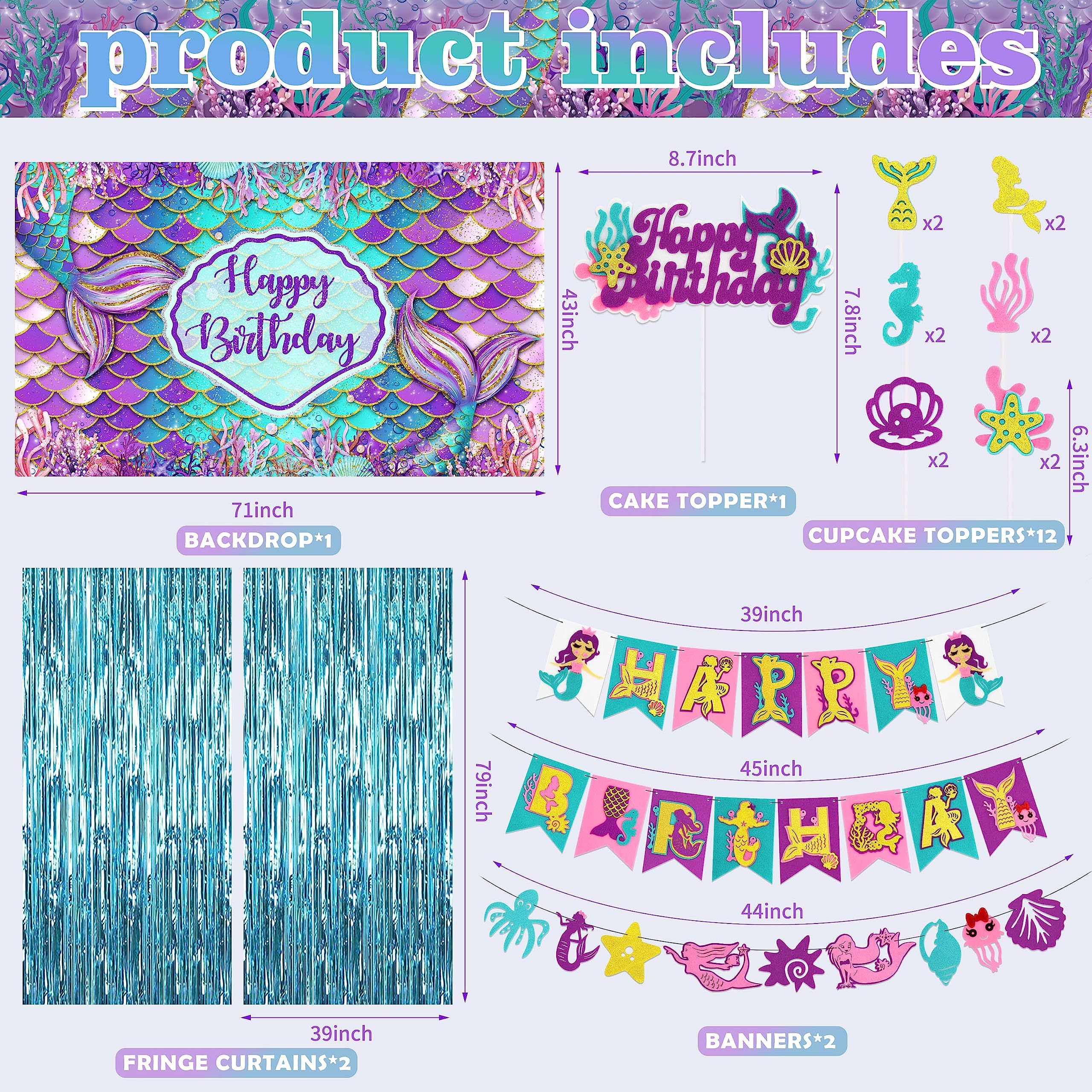 109Pcs Mermaid Birthday Party Decorations Kit for Girls - Includes Tablecloth, Backdrop, Banners, Cake Toppers, Foil & Latex Balloons, Fringe Curtains - Perfect for Mermaid Themed Parties, Baby Showers & Under the Sea Events