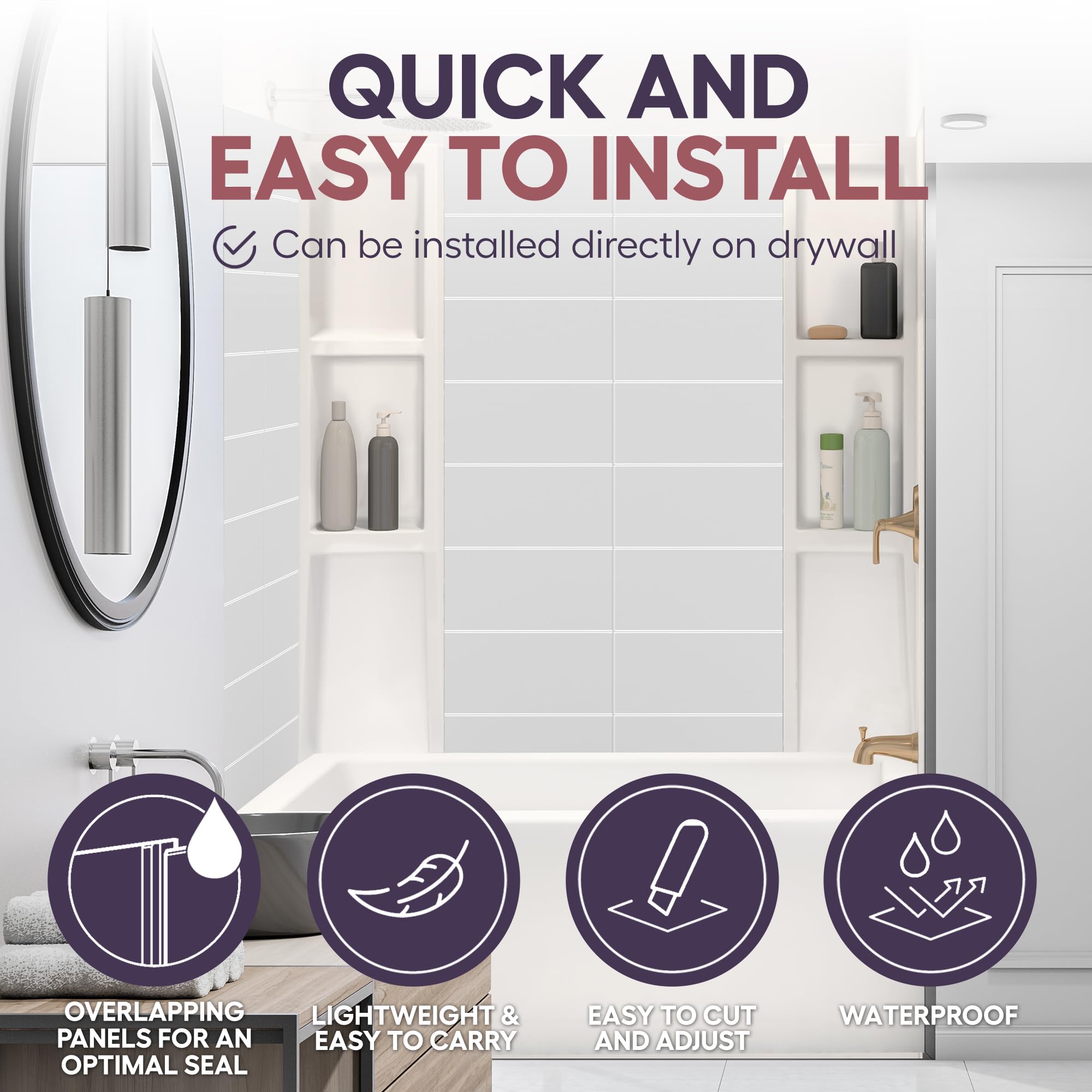 White Acrylic Bathtub Wall Surround Panels - Waterproof, Easy-to-Install Kit with 2 Shelf Units (Stacked Tiles Pattern, Classic Shelves) 58