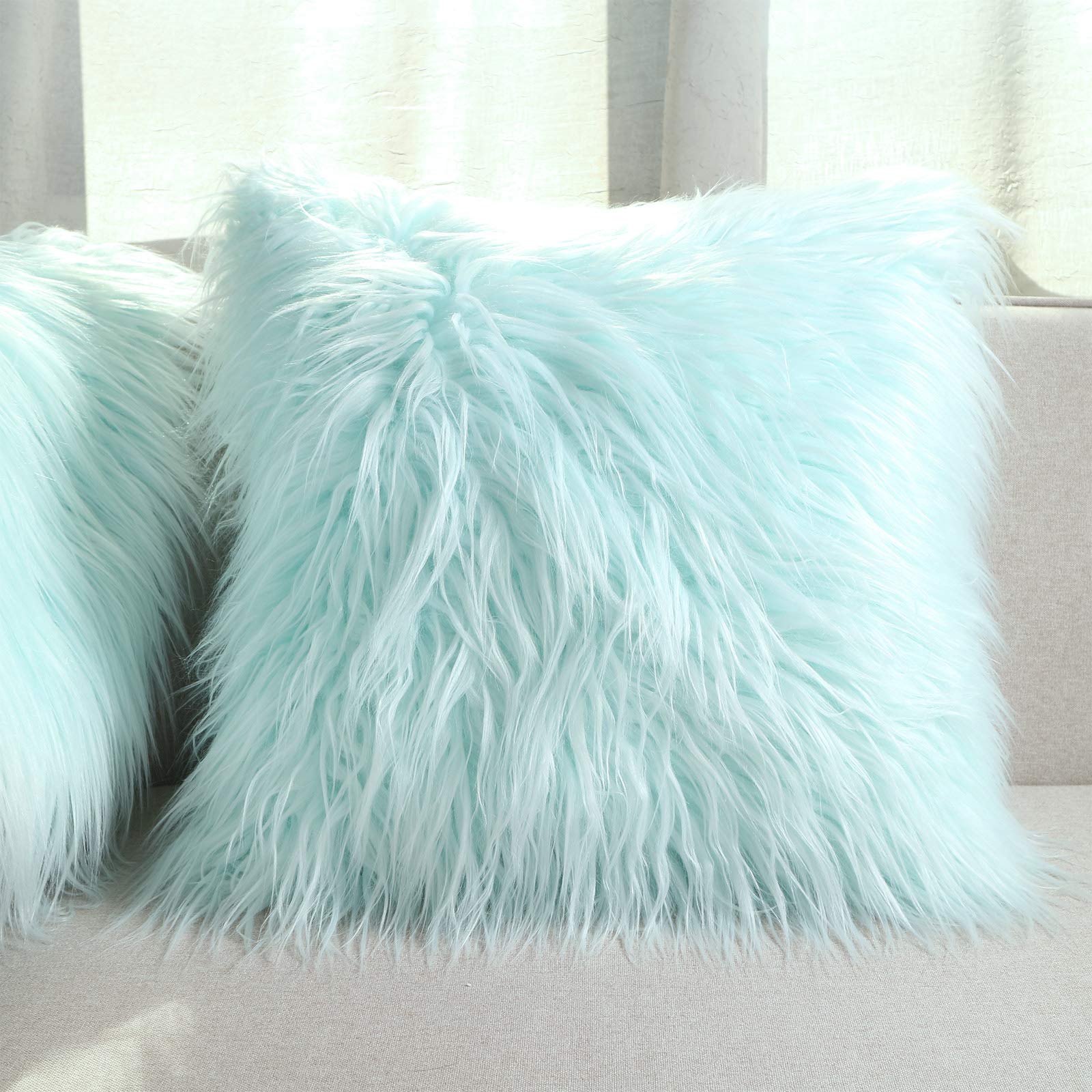 Luxury Faux Fur Throw Pillow Covers 18x18 Inch (45x45cm) - Soft Mongolian Long Fur Square Cushion Covers for Couch, Sofa & Floor - 100% Polyester Home Decor (Light Blue, 2-Piece Set) - Perfect for Living Room, Bedroom & Cozy Home Decor