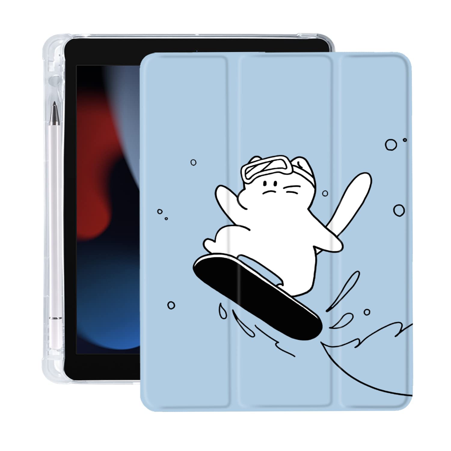 Stylish Surfing Cat Design iPad Air 3 Case with Apple Pencil Holder - Auto Sleep/Wake Function - Blue Leather & Clear Soft TPU Back Cover for iPad Pro 10.5 Inch (2017 Model) - Perfect for Work, Travel & Everyday Protection