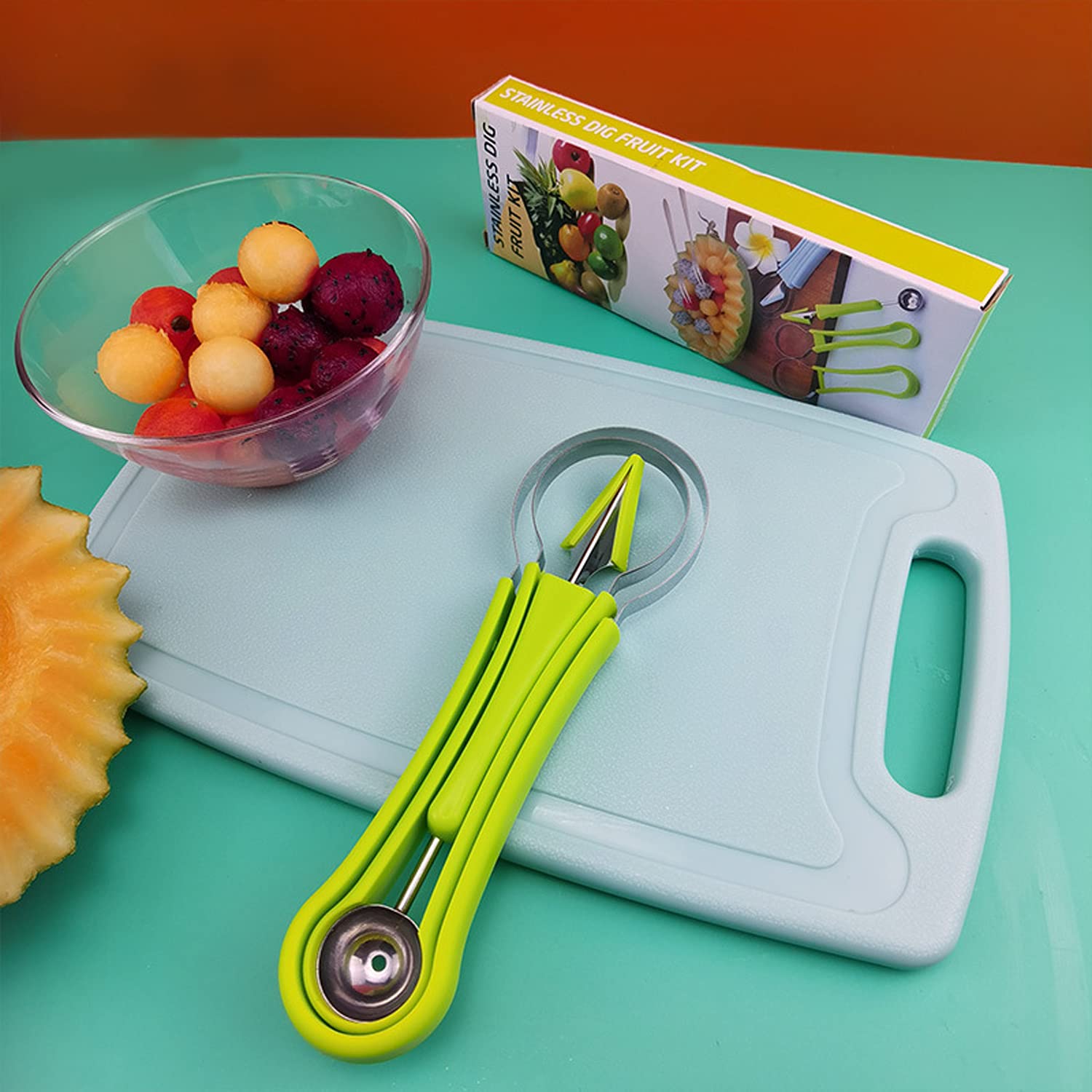 4-in-1 Multi-Function Fruit Carving Tool Set - Watermelon Baller, Melon Scoop, Cantaloupe Peeler & Kitchen Decorator | Perfect for Fruit Platters, Party Food Garnishing & Professional Kitchen Use