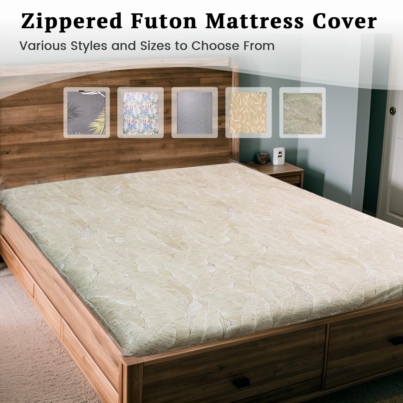 ZonLi Queen Size Futon Mattress Cover - Soft Japanese Floor Sleeping Mat Cover with Zipper, Machine Washable (64''x84'', Hand-Drawn Leaf Patterns) for Tatami, Guest Bed & Small Space Living