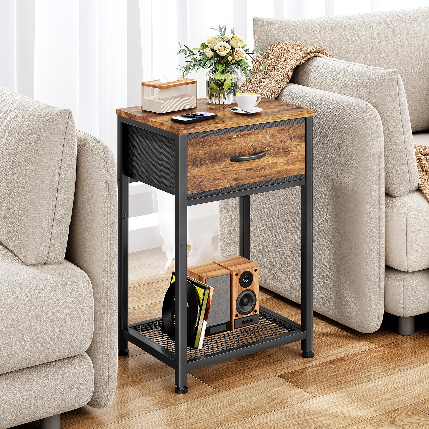 Kitstorack Night Stands Set of 2 - Rustic Brown Wood End Tables with Drawer for Bedroom, Living Room & Office - Modern Bedside Nightstands for Home Decor