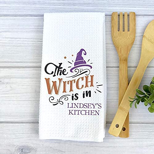 Custom Halloween Waffle Weave Dish Towel - Personalized Kitchen Towel with 'The Witch Is In' Design for Spooky Decor | Perfect for Halloween Kitchen Decor, Hostess Gifts & Holiday Home Decorating