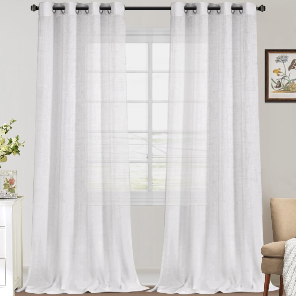 FantasDecor 108 Inch Linen Sheer Curtains - Light Filtering Privacy Drapes with Grommet Top, 2 Panels Set for Farmhouse, Bedroom, Living Room & Porch Windows - Off White | Elegant Window Treatment for Home Decor & Sun Protection
