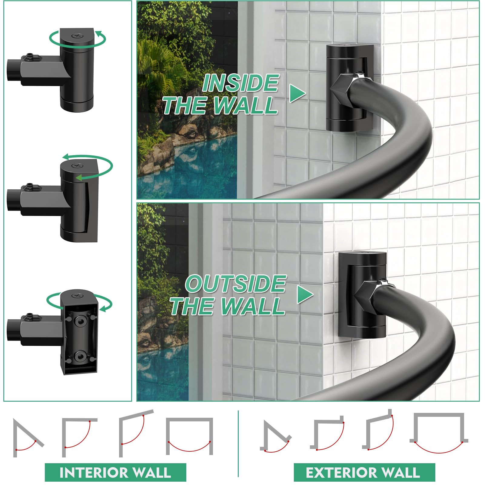 Adjustable Curved Shower Curtain Rod 38-72 Inches - Heavy Duty Metal Round Shower Rod with Rotating Brackets for Spacious Bathrooms (Black, Requires Drilling) - Perfect for Creating Extra Shower Space & Luxury Bathroom Experience