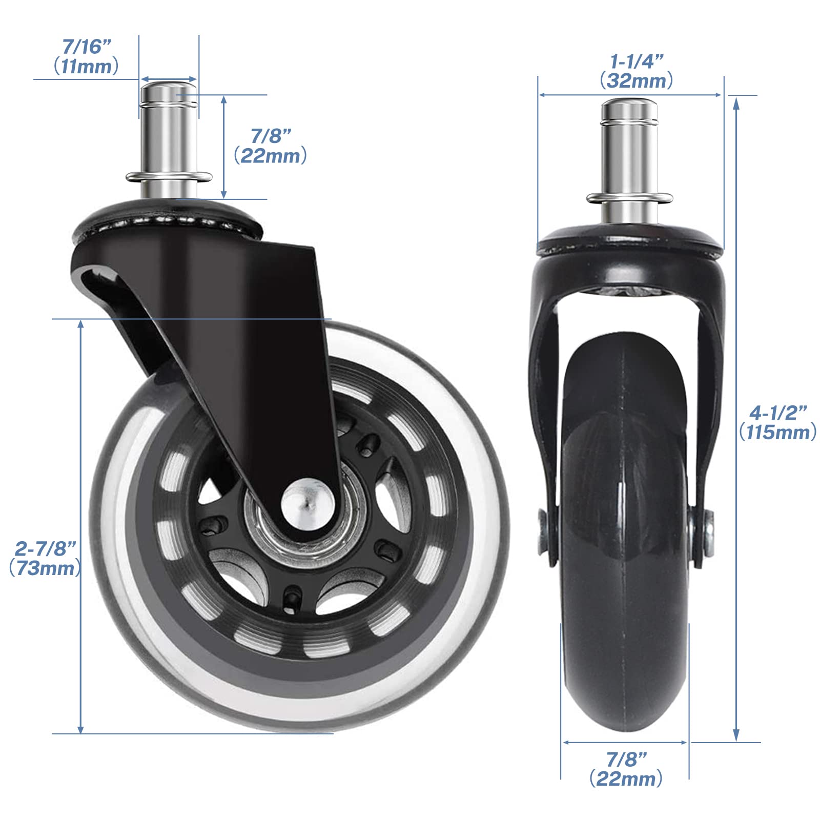 Huracan Office Chair Wheels - Set of 5 Heavy Duty Rubber Casters for Hardwood Floors | Replacement Computer Desk Chair Wheels (Not Compatible with IKEA) | Perfect for Home Office, Gaming Chairs & Conference Rooms