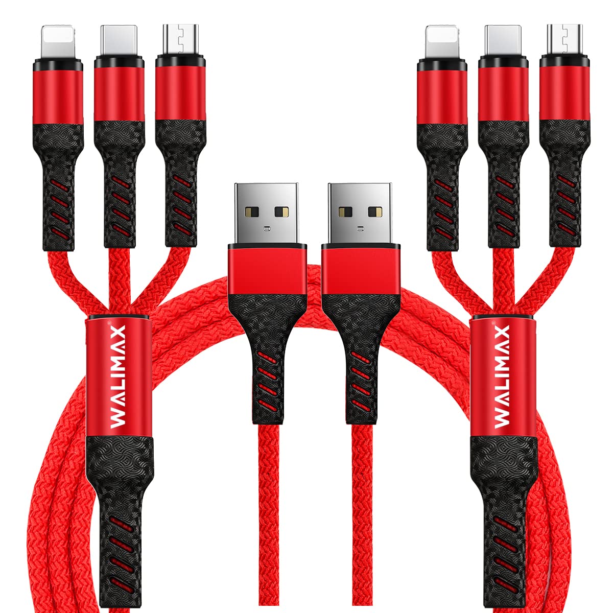 WALIMAX 3-in-1 Multi Phone Charging Cable (Pack of 2) - 1.2m Fast Charging Cord with Micro USB, USB C & Lightning Connectors - Compatible with iPhone, Samsung, LG, Huawei, Kindle, Sony & More - Perfect for Home, Office & Travel (Red)